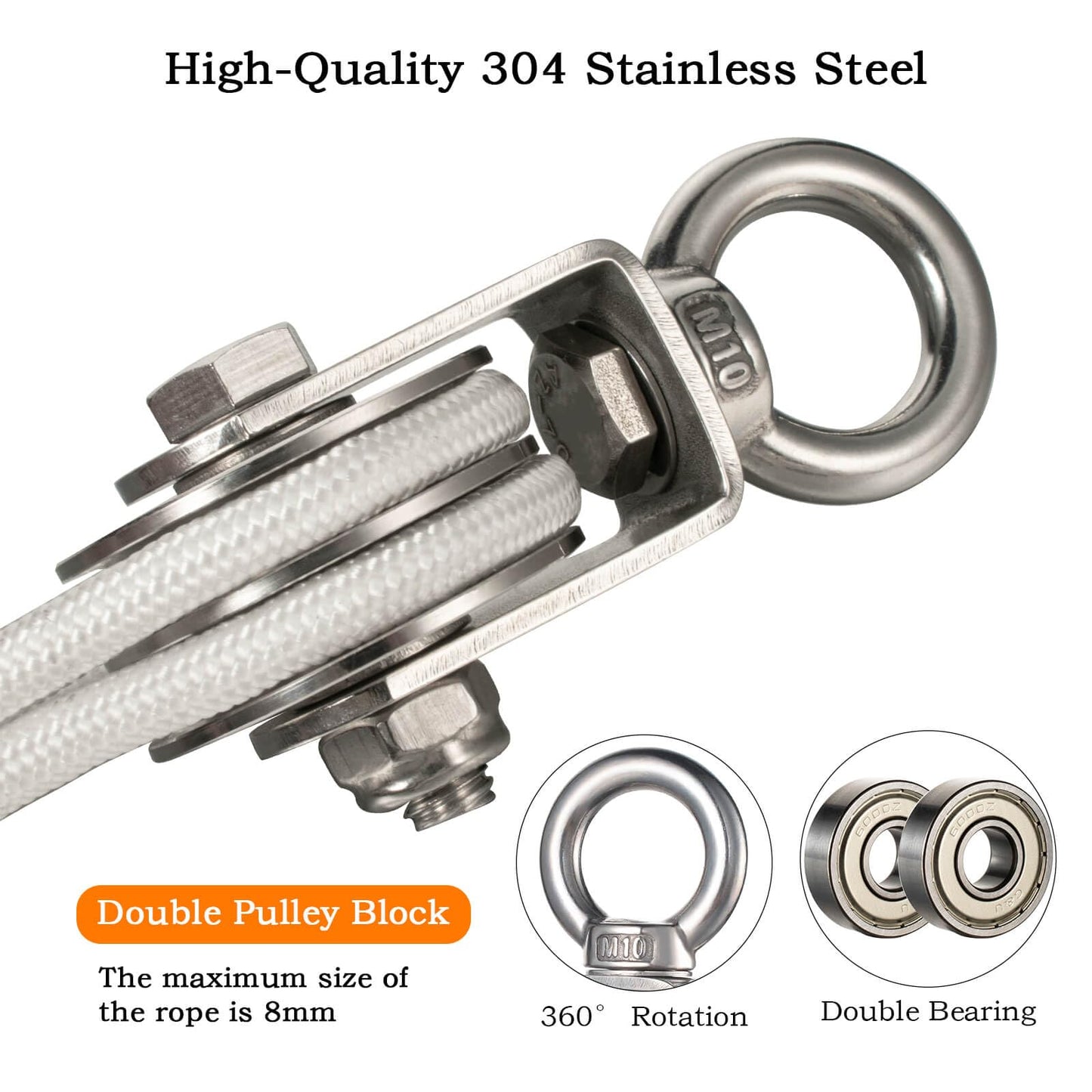 Hoist Pulley System Heavy Duty Stainless Steel, Snatch Swivel Block Double Pulley with 25m/8mm Rope, Bearing Inside, for Lifting, Kayak, Garage, Winch, Hunting, Loading 1100lb