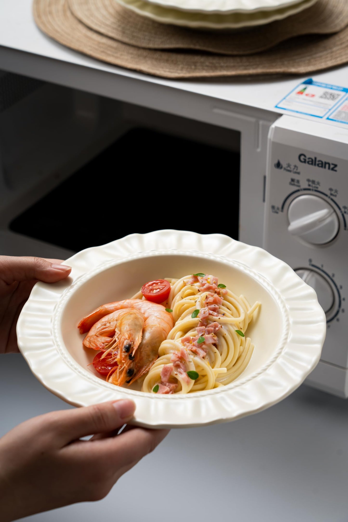 COIKZLY Ceramic Soup Bowls 8.6 in, Pasta Bowls & Plates, Cream color Floral-Embossed Wide Rim Shallow Bowls Set of 2, Italian Carving Design, Matte Finish Porcelain, Microwave & Dishwasher Safe