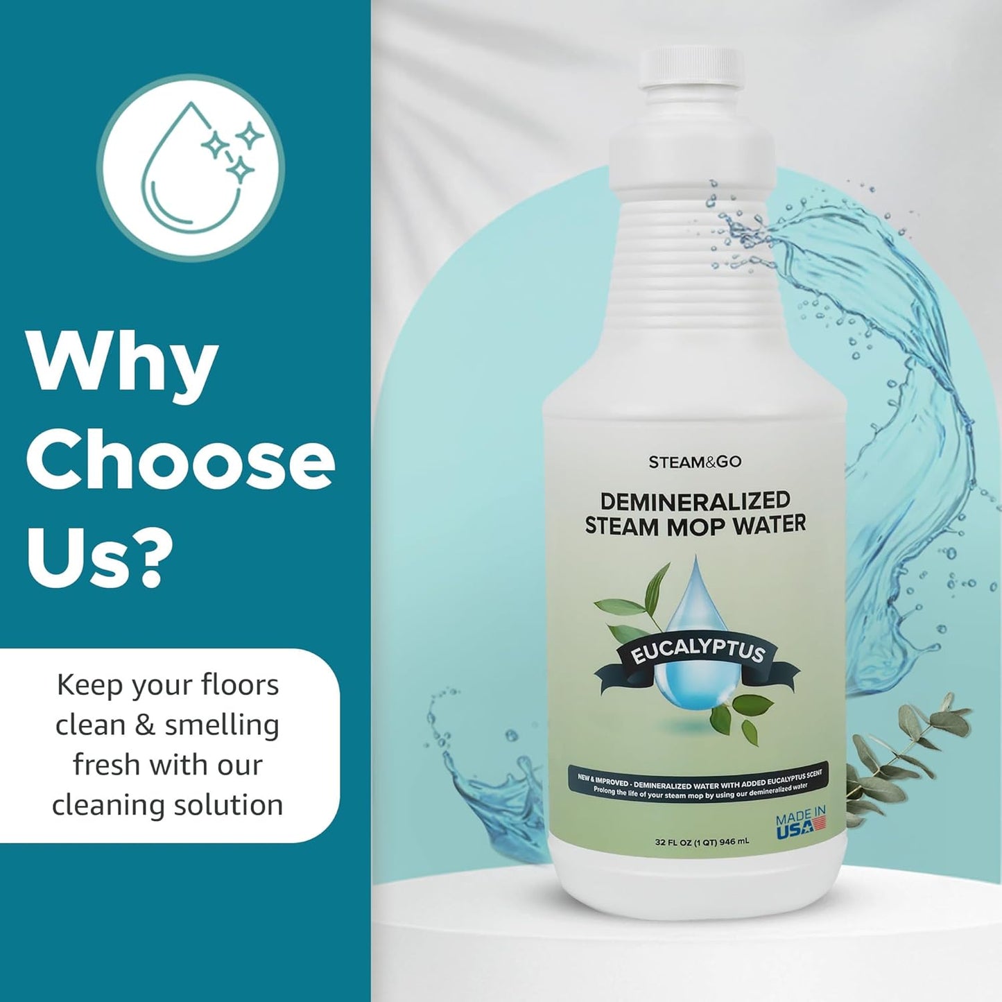 Steam & Go Demineralized Water | Eucalyptus Mint Steam Cleaner Solution, 32 oz - PVC-Free & Ready-to-Use