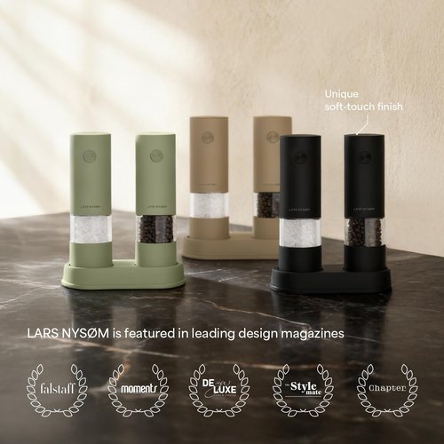 LARS NYSØM Electric Salt and Pepper Grinder Set I Automatic Salt and Pepper Mills with Adjustable Ceramic Grinder I AAA-Battery Operated Electric Spice Mill Set (Taupe Brown)