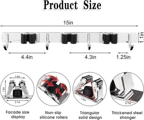 AceMining Wall Mounted Broom and Mop Holder | 5 Racks & 4 Heavy-Duty Hooks for Garage Storage
