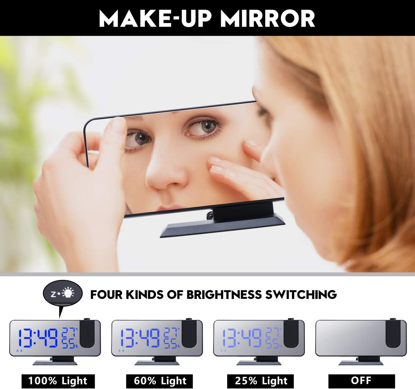 4 Dimmer 180 2 7.4'' ThreeH Projection Alarm Clock Radio Digital Alarm Clock & Rotable & Sounds Large Mirror Display