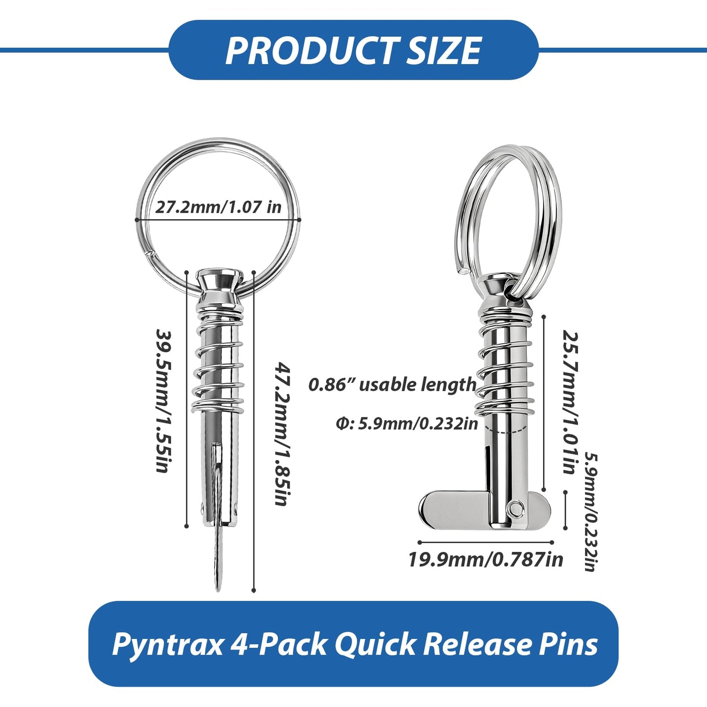 Pyntrax 4-Pack Quick Release Pins (1/4” Diameter) with Drop Cam & Spring - 0.86” Usable Length, Full 316 Stainless Steel Marine Hardware for Bimini Top, Boat & Pontoon
