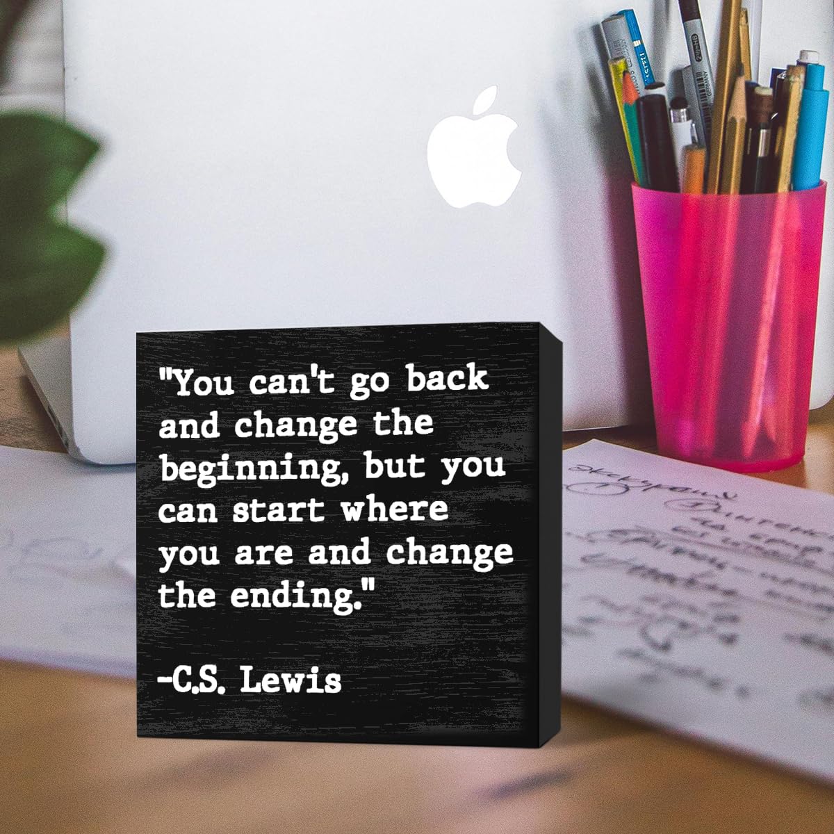 Inspirational Quotes Office Decor Wooden Box Sign for Home Office Desk Shelf Table Motivational Wall Decor Inspirational Gifts for Women Men Friends - C.S. Lewis 5 X 5 Inches (Black)