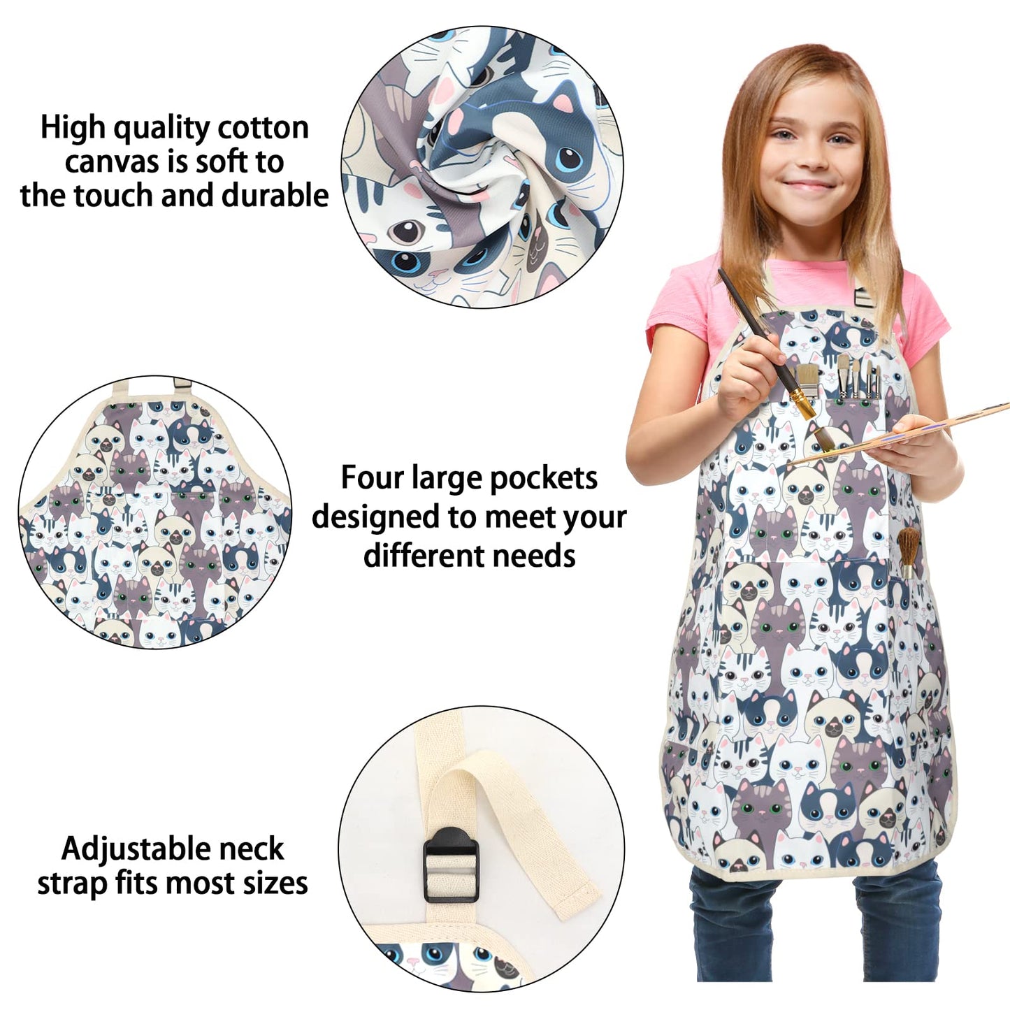 FreeNFond Kids Apron Adjustable Child Apron with 4 Pockets for Baking Painting White Cat