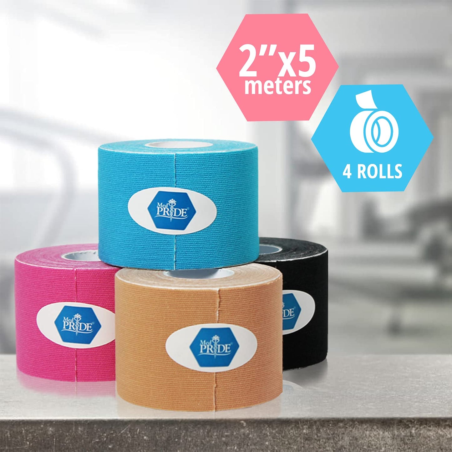 MED PRIDE Latex Free Kinesiology Tape Pack, 4 Uncut Rolls (2in X 16.4ft) Therapeutic Sports Tape for Knee Pain Muscle Support