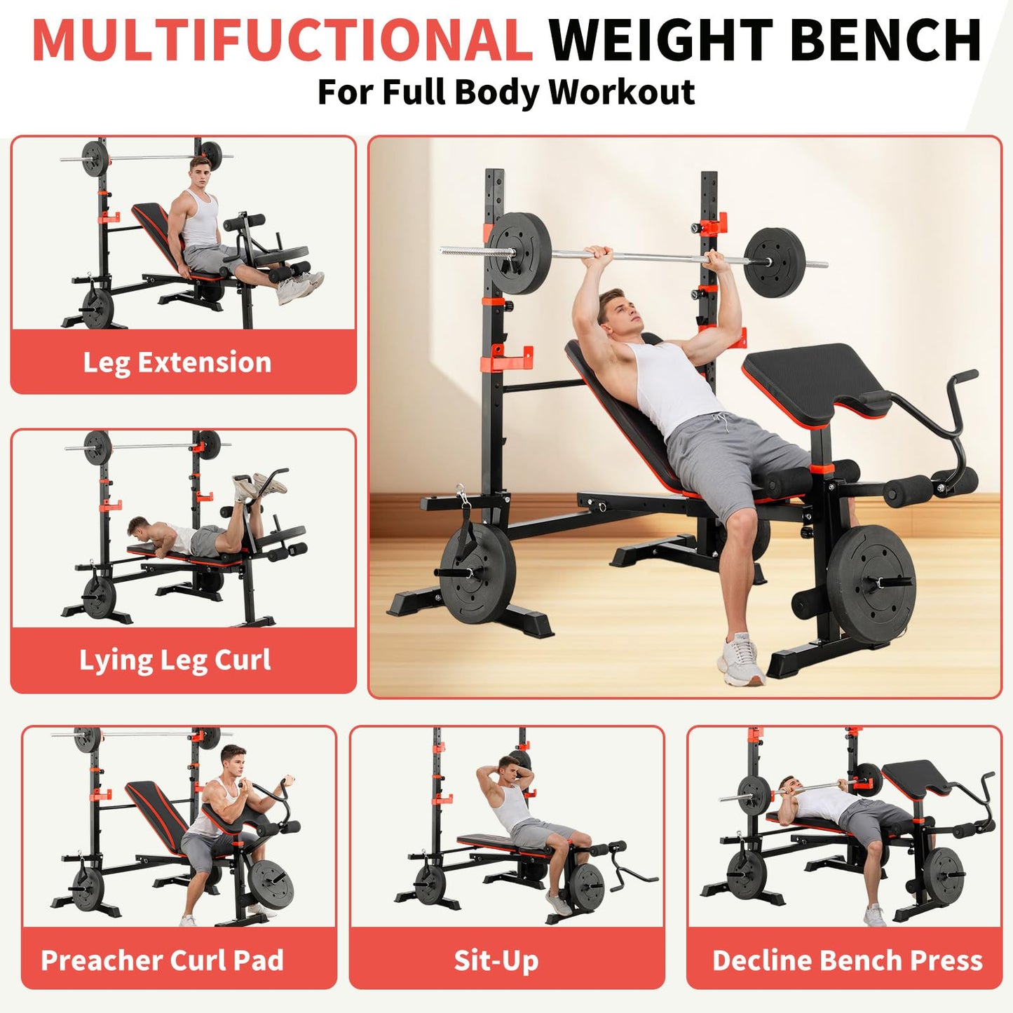 1500LBS 6 in 1 Weight Bench Set with Leg Extension/Curl and Preacher Curl, Bench Press Set and barbell Rack with Safety Bar Catches, Foldable Workout Benches for Home(US Stock)