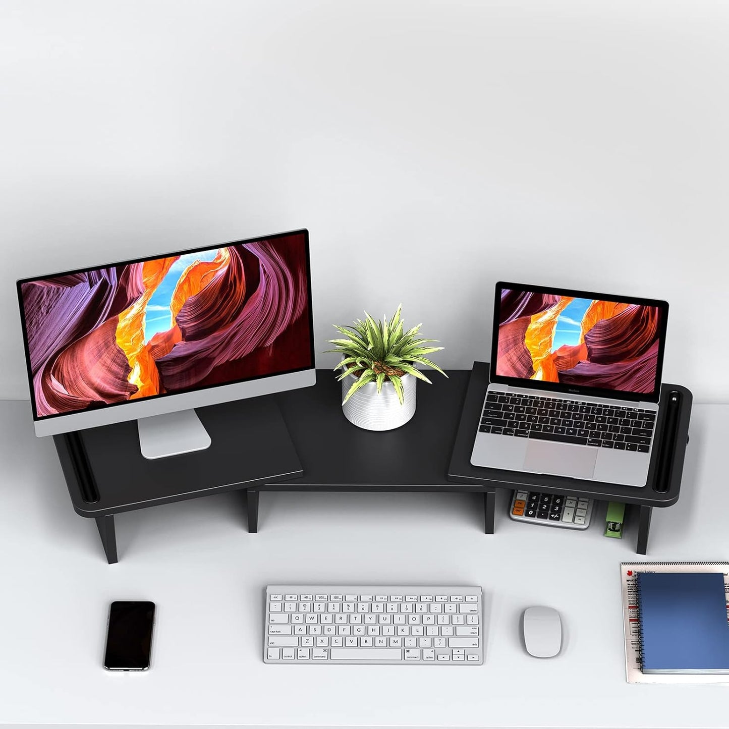 2 Zimilar Dual Monitor Stand Riser, Monitor Stand with Adjustable Length and Angle, Wood Monitor Stand for Desk