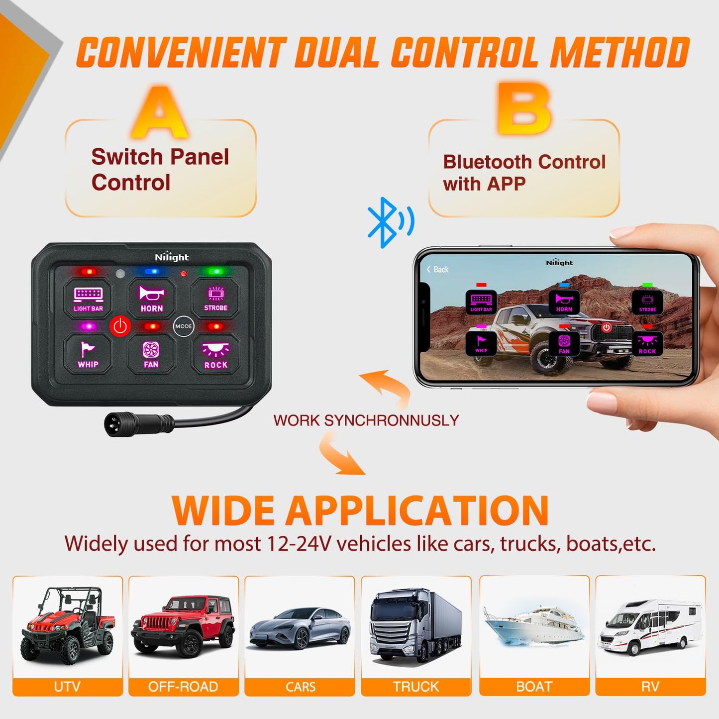 Nilight 6 Gang Switch Panel Circuit Control Relay System APP RGB Backlight Fuse Wiring Harness Toggle Momentary Strobe Flash Modes Automatic Dimmable 12V 24V ON Off Pod for Car Truck Camper SUV