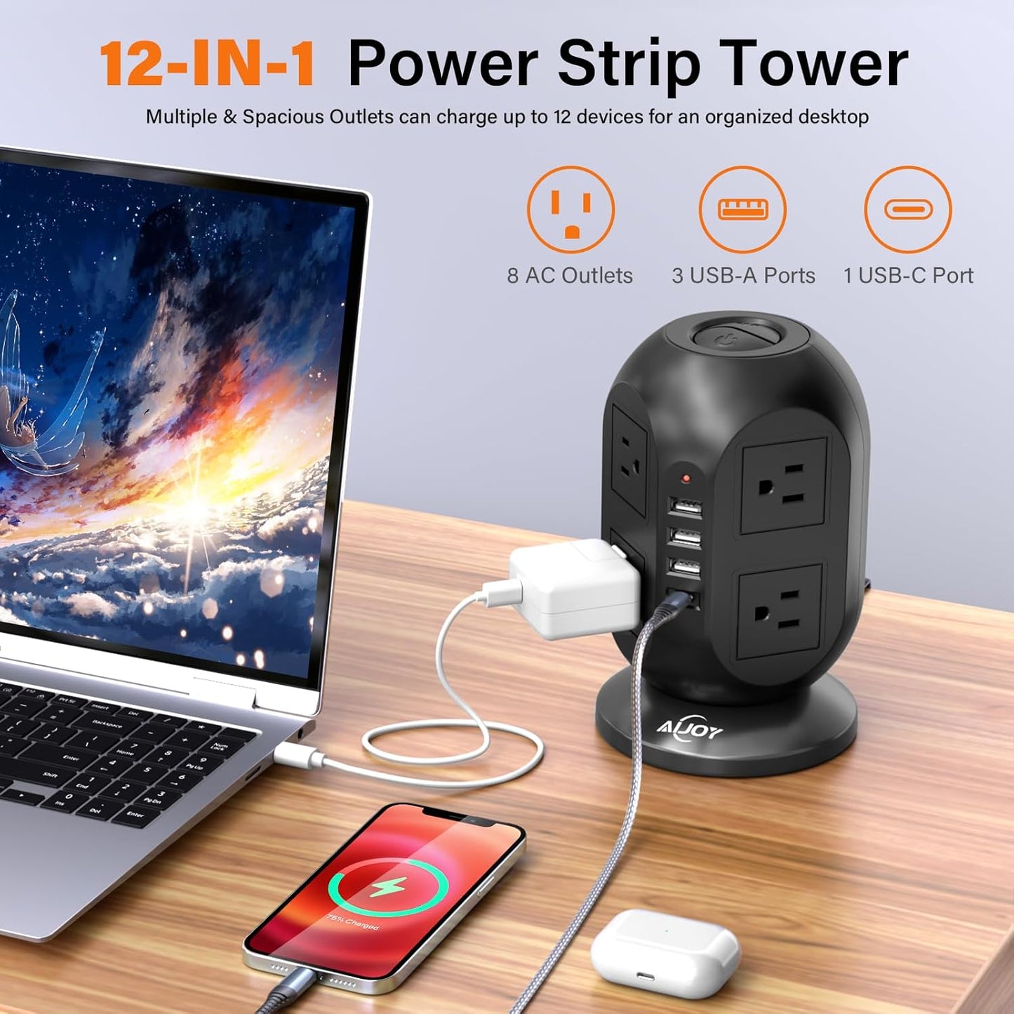 AiJoy 8 4 Ports(1 10 Surge Protector Power Strip Tower with Outlets USB USB-C), FT Flat Extension Cord with Multiple