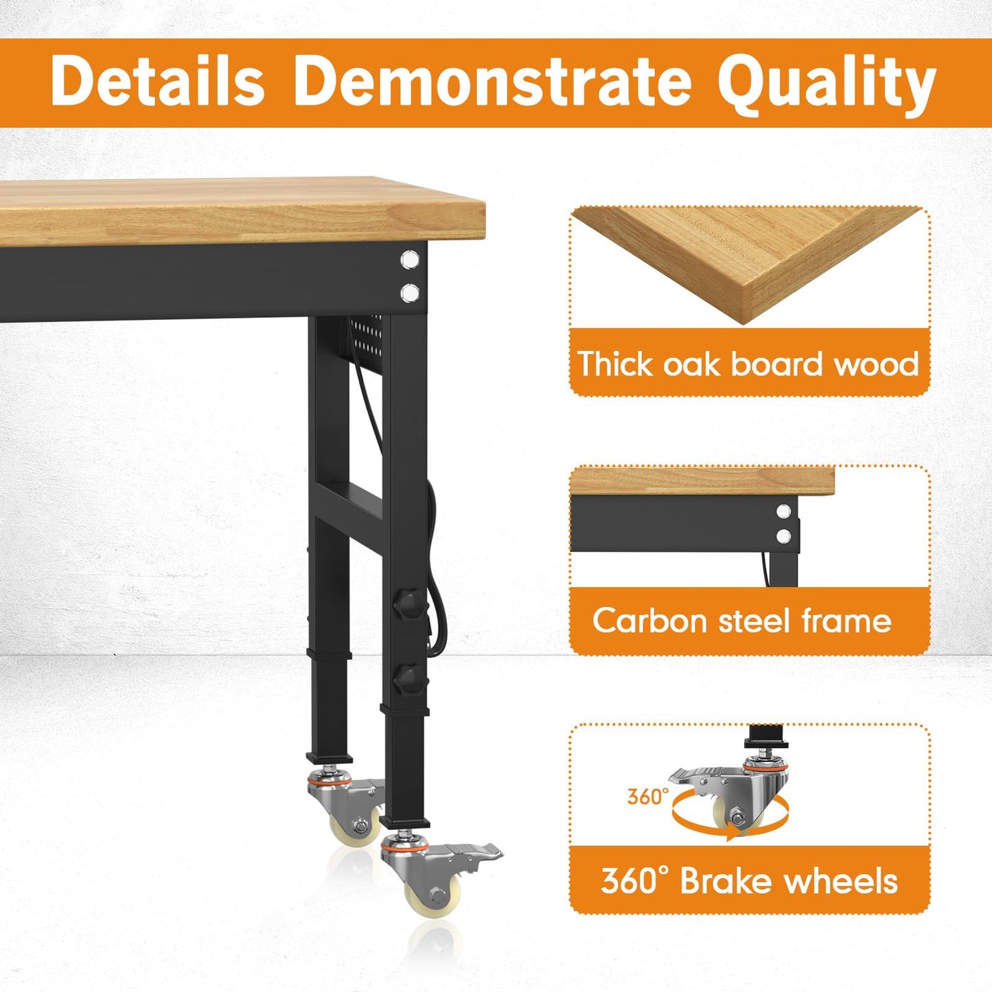 Pelnuies 70" Heavy Duty Solid Wood Work Bench with Pegboard, Adjustable Height Workbench with Wheels and Power Outlets, 2000 LBS Capacity Work Table for Garage, Workshop, Office, Home