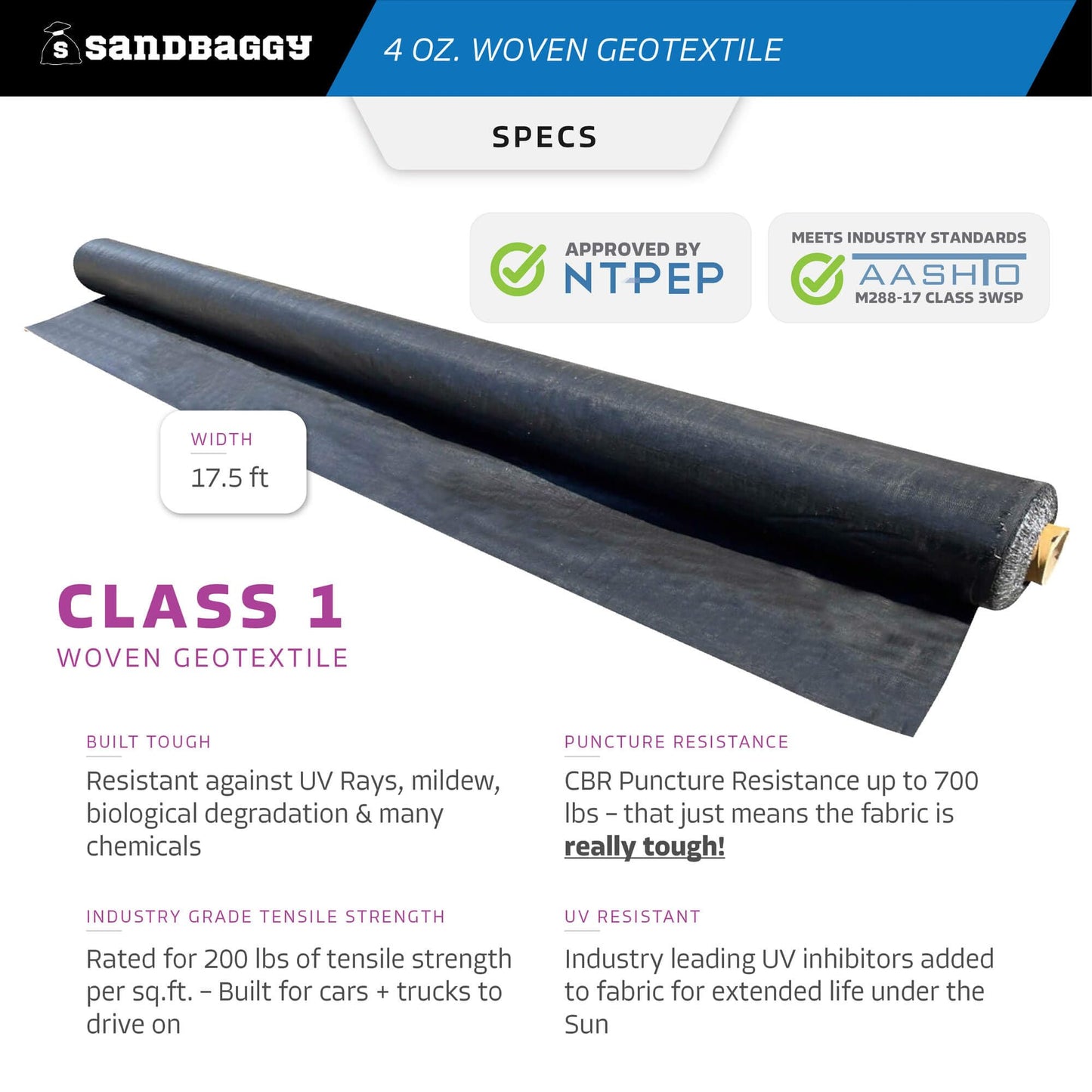 Sandbaggy Woven Geotextile Landscape Fabric | 50 YEAR Fabric* | for Soil Stabilization & Underlayment for Pavers, Driveway, Gravel Roads & Parking Lots | Meets AASHTO M288 Spec (17.5 ft x 100 ft Roll)