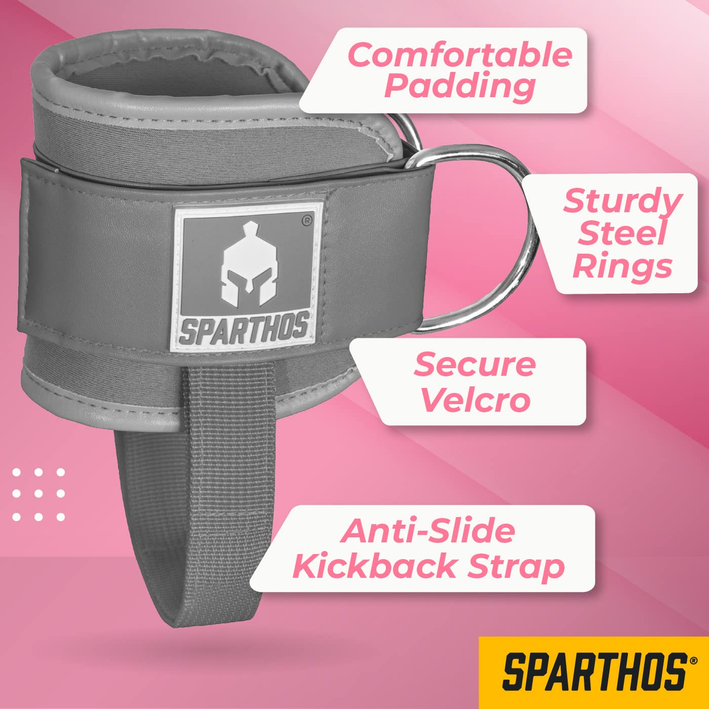Sparthos Kickback Ankle Straps for Cable Machines - Ankle Cuff Attachment - for Working Out at Gym Machine, Weight Cables - Glute Workout Exercise Ankle Strap Accessories - (Gray, Pack of 2)