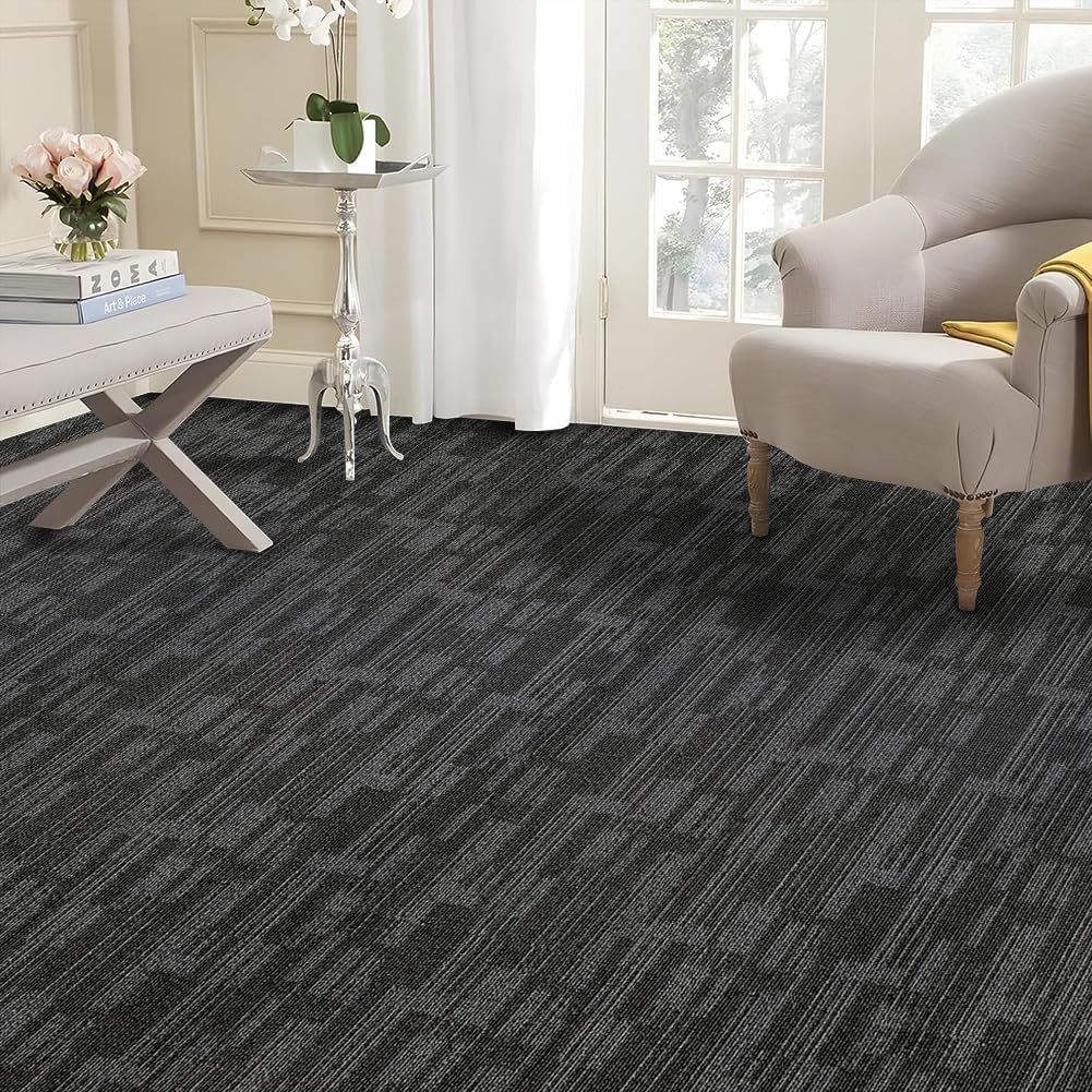 SUWUYUE Carpet Tiles 24 x 24 Inches, 18 Tiles 72 Sqft, Non Slip Commercial Carpet Squares, Removable Floor Tiles for Office Living Room Basement Home Gym, Easy DIY Installation, Dark Gray