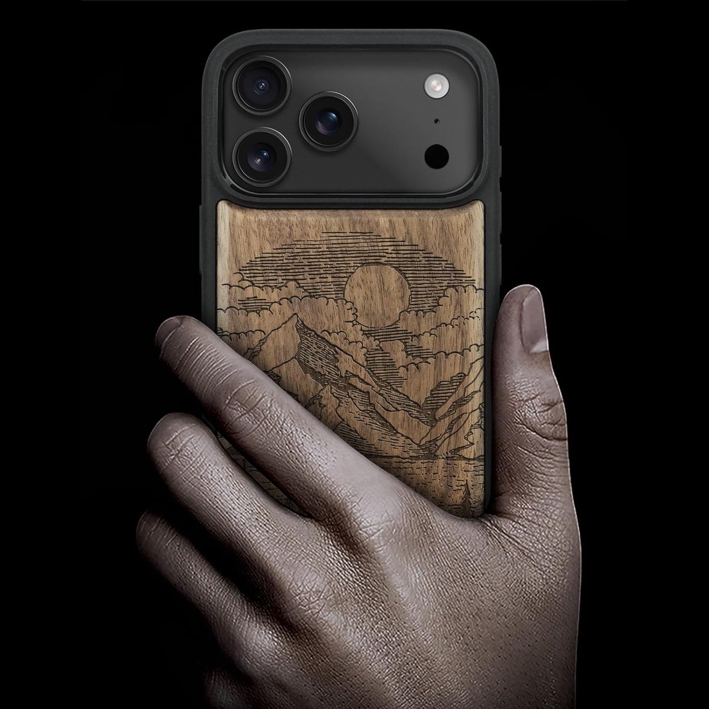 Carveit 17 Magnetic Wooden Case for iPhone Pro Case, Wood Artisan Engraved & Black Soft TPU Shockproof Cover