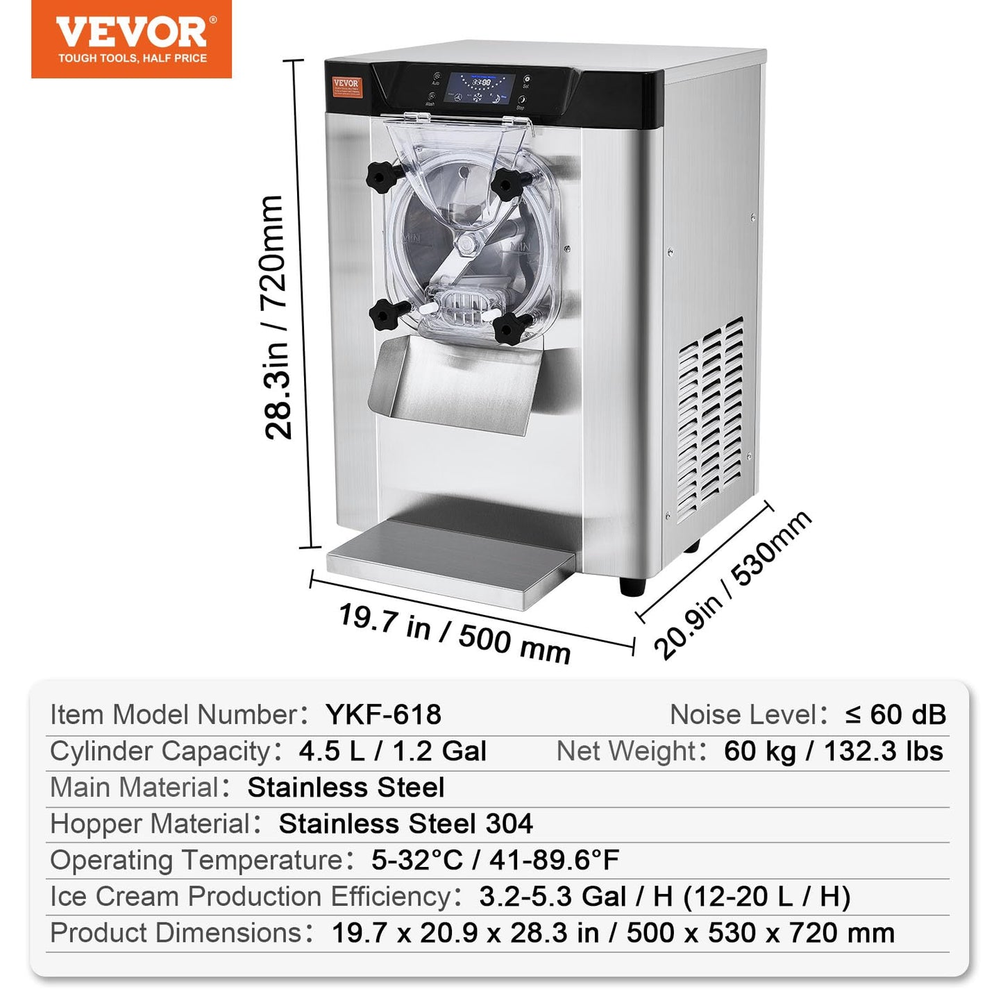 VEVOR Commercial Ice Cream Machine, 12 L/H Yield, 1713W Single Flavor Countertop Hard Serve Ice Cream Maker, 4.5L Stainless Steel Cylinder, LED Panel Auto Clean Pre-cooling, for Restaurant Snack Bars