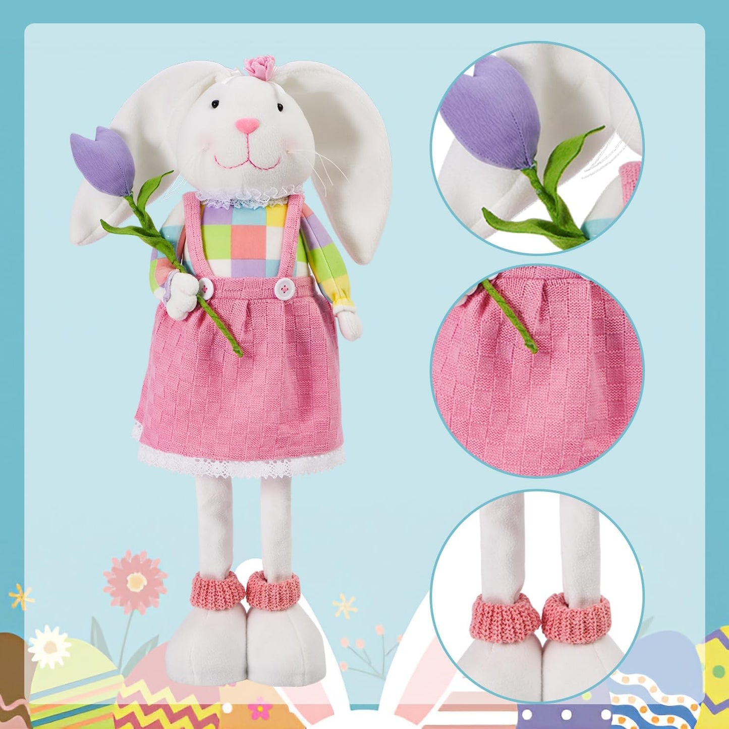Skiennix Standing Easter Bunny Decor - Plush Gnome Figurine with Stretchable Legs | Cute Pink Spring Decoration for Home & Office
