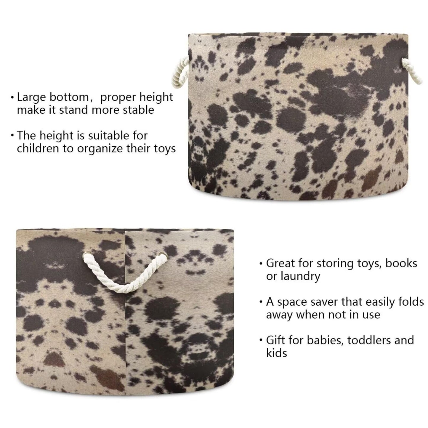 ZRCAIFUGIY Cow Brown Skin Print Round Storage Basket Cowhide Pattern Large Laundry Hamper 20 x 20 x 14 Inches Organizer Bin Blanket Storage Bag for Bedroom Bathroom Nursery Living Room Decoration