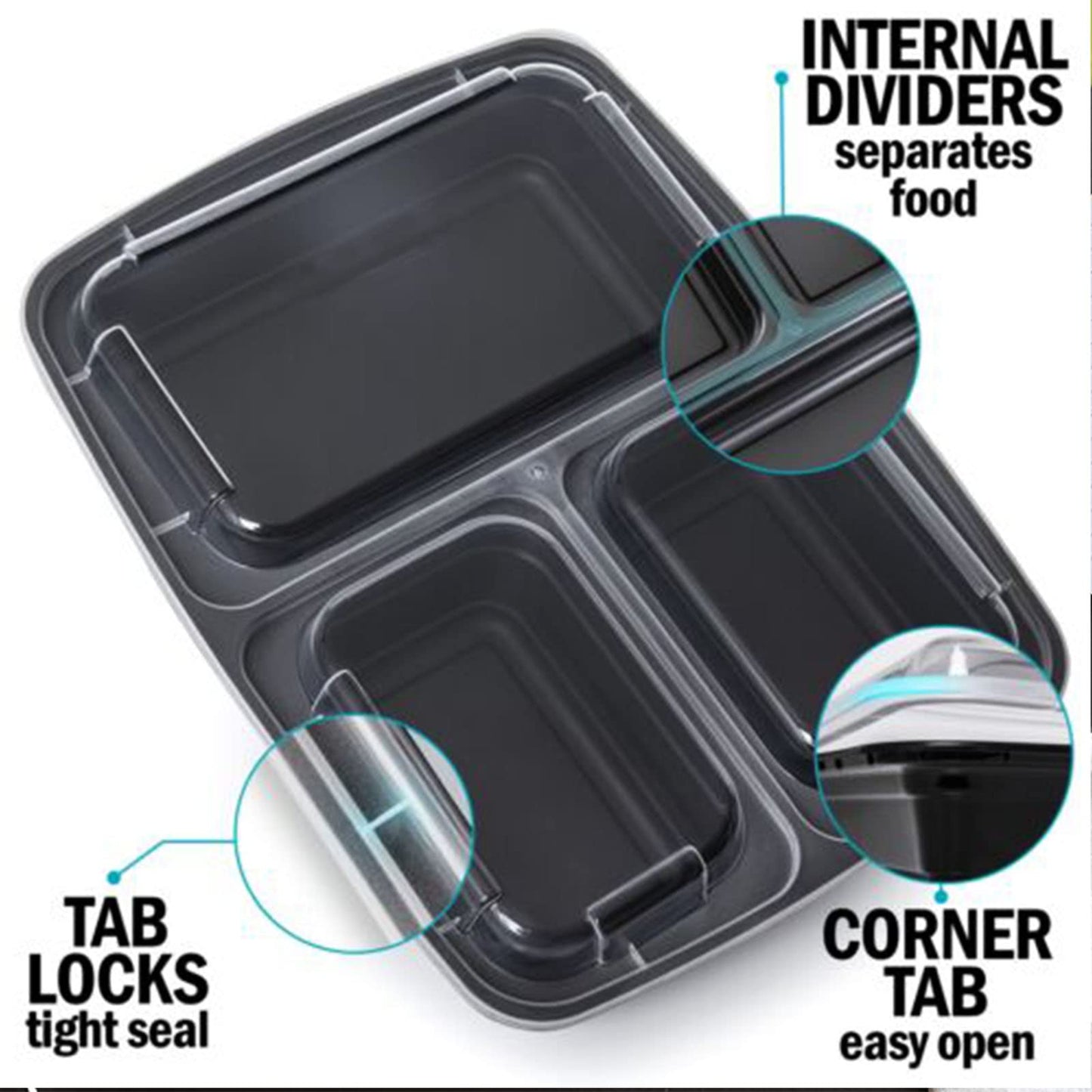 MORDEN MS Meal Prep Container With Lids, 50 Pack 3 Compartment Reusable Food Storage Container Divided Plastic Bento Box Lunch Box To-go Boxes(33oz)