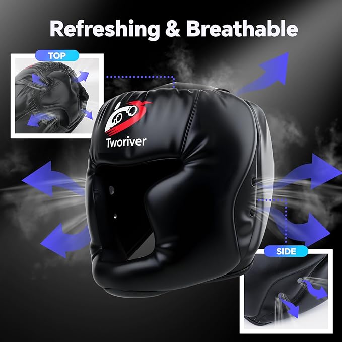 Boxing Headgear 1 or 2 Pack, One Size Fits All Ages MMA Headgear, Closed Type Boxing Helmet, Sparring MMA Muay Thai Kick Brace (Black-Black)