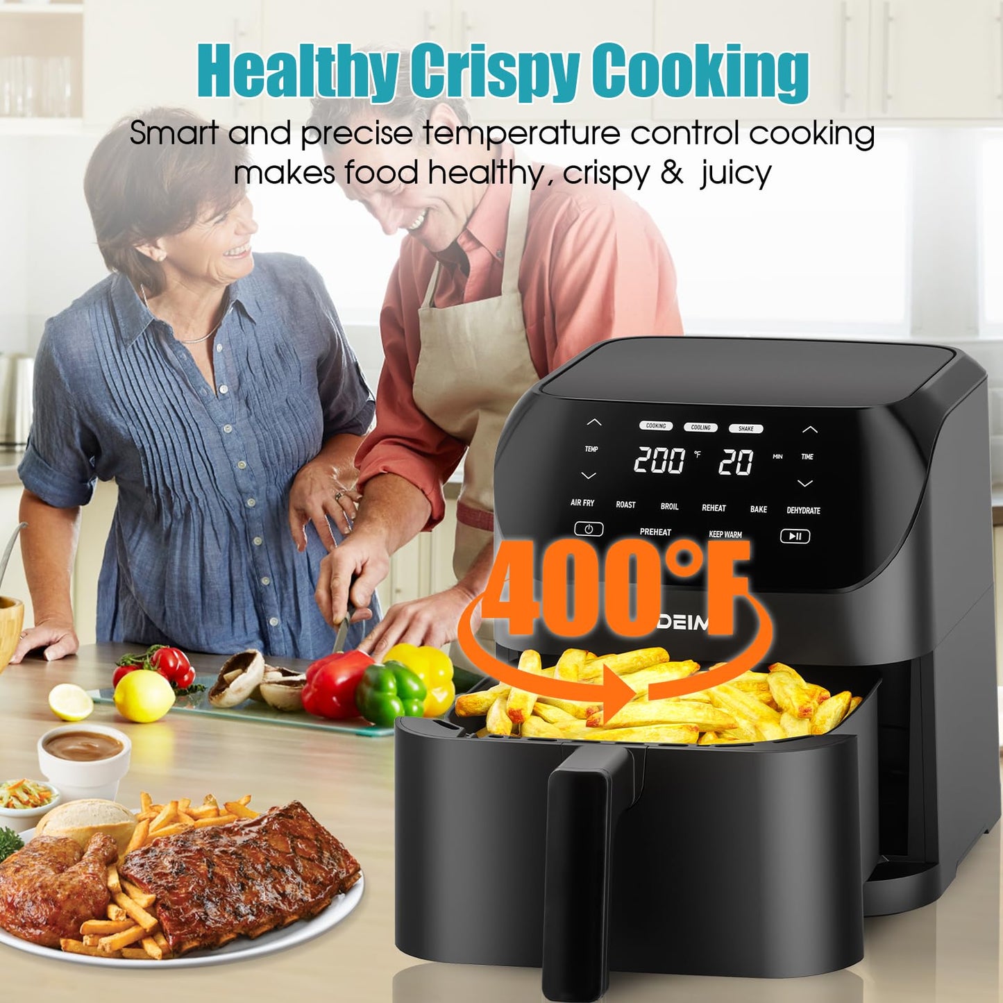 Air Fryer 6.2 QT Large Capacity Oilless Hot Air Fryers Oven 1500W Healthy Cooker with 8 Presets, Digital LCD Touch Screen, Non-Stick Basket, Included Recipe (Black-M)