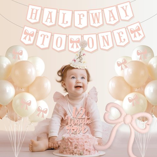 Half Birthday Decorations for Baby Girl – Bow Birthday Hat, Half Way to One Banner, Bow Balloons, 1/2 Cake Topper, 6 Months Party Supplies