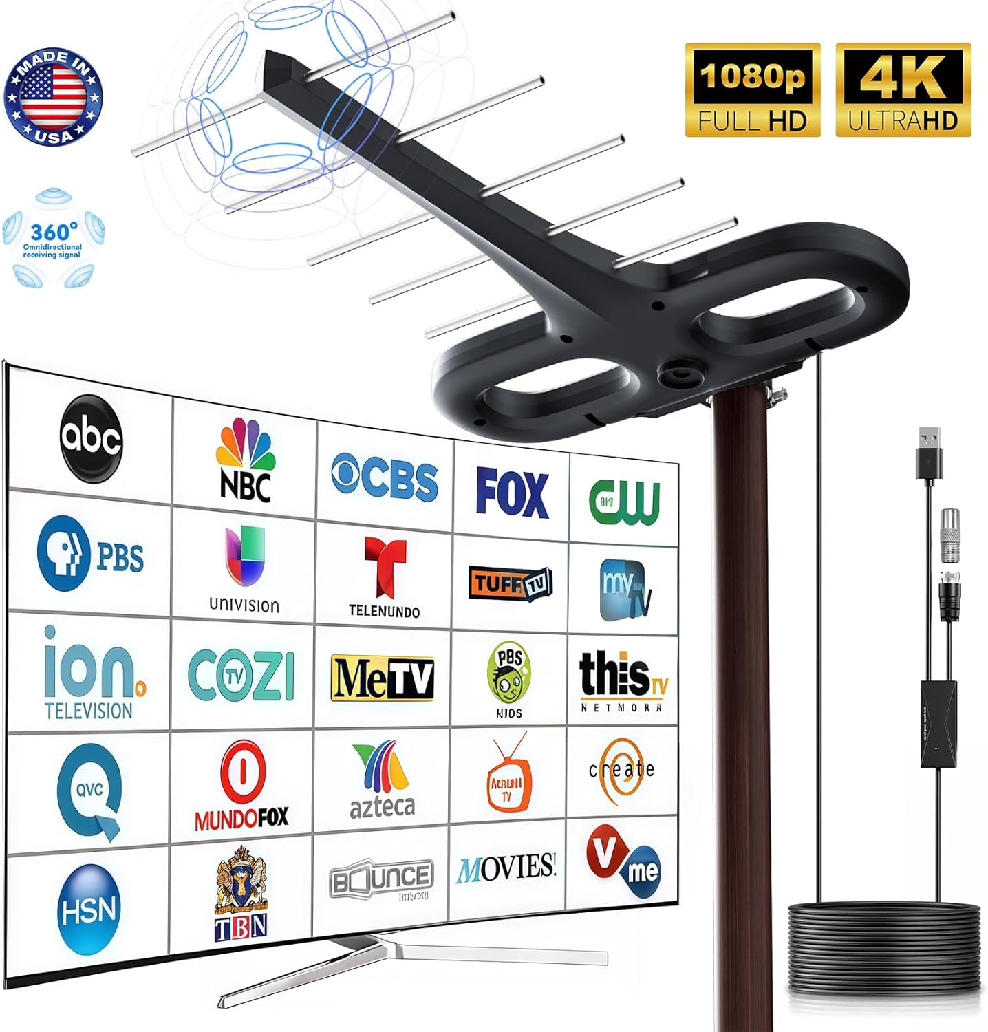 WERCHTAY 360 4K 32ft RG6 Outdoor TV Antenna Omni-Directional Extended Range Reception Enhance VHF&UH Ready HDTV Antenna