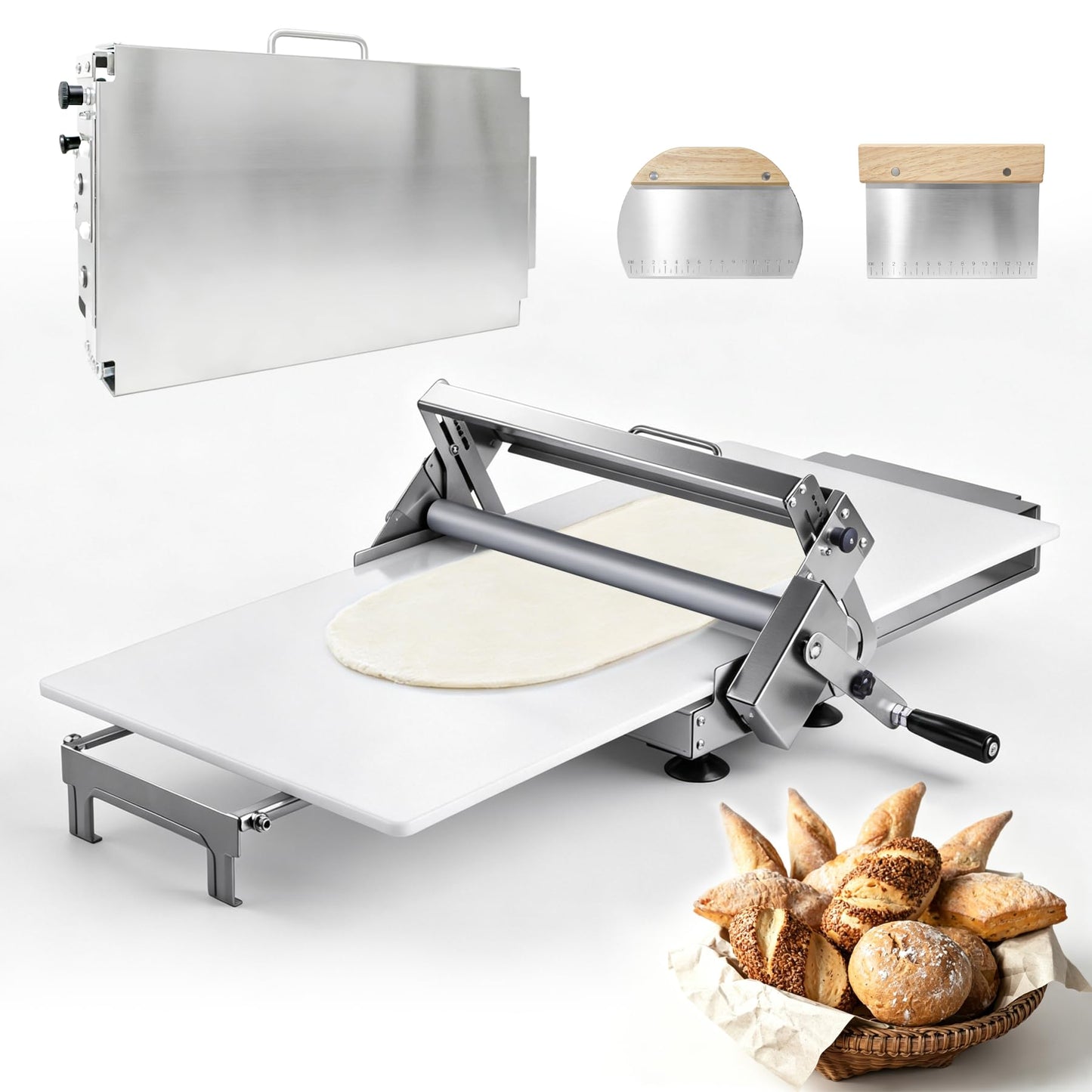 15.5" Folding Dough Sheeter, Manual Dough Roller Machine, Stainless Steel Adjustable Thickness 2-25mm, Countertop Dough Sheeter for Home and Commercial Use