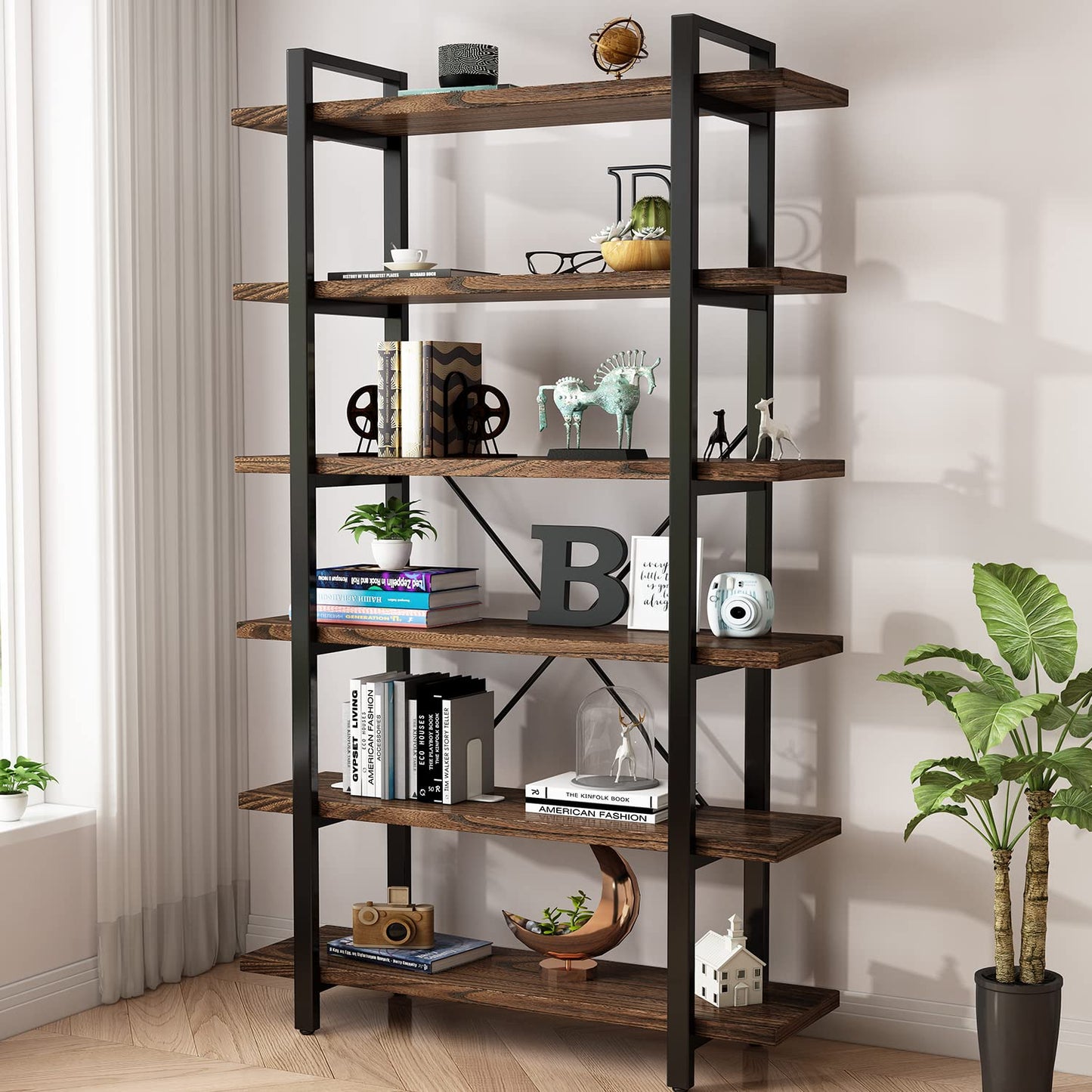 AY-AOYUAN Solid Wood Bookcase and Book Shelves Wood and Metal Shelving Unit 6 Tier Bookshelf Modern Rustic Open Bookshelf Office,Distressed Brown (AY-02-6Tier)