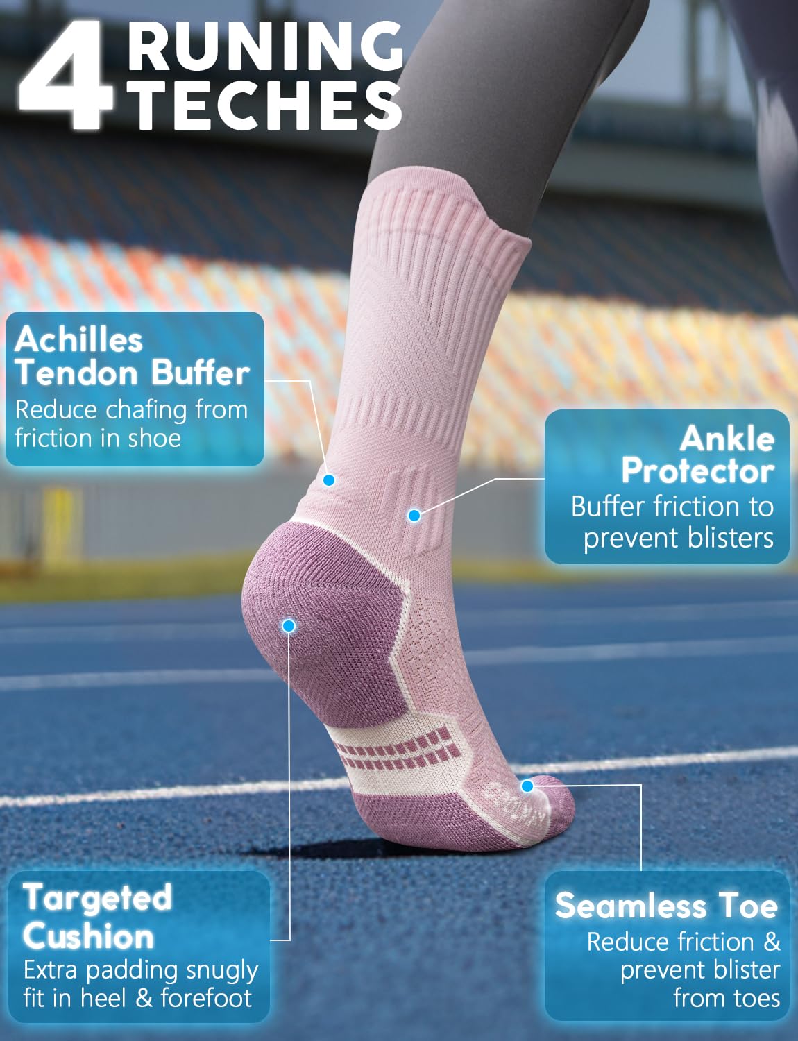 Juclise Bamboo Viscose Compression Running Crew Socks, Coolmax Moisture-Wicking Anti-Blister Hiking&Gym Athletic Socks (US, Alpha, Large, Regular, Regular, Sandy Melon+Watermelon+Dusty Pink)
