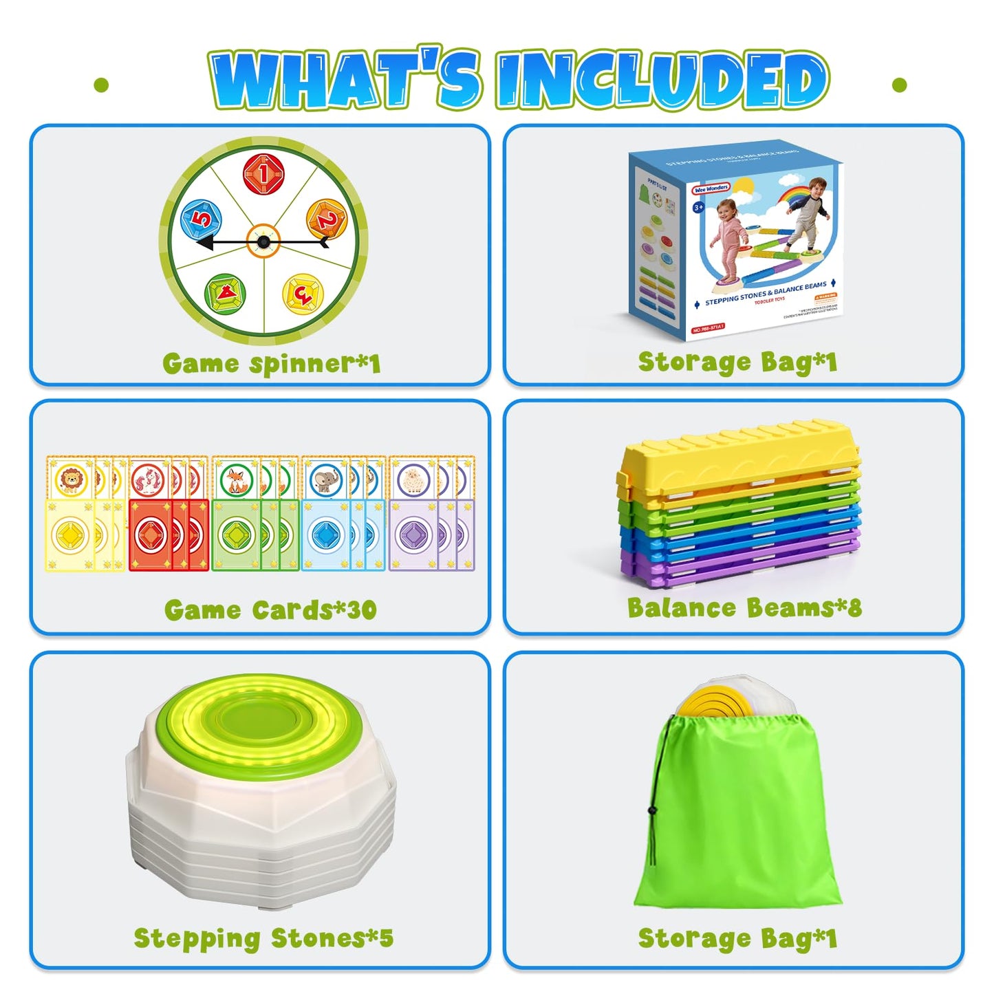 Wee Wonders Light Up Stepping Stones & Balance Beam for Kids, Step Stones with Piano Music, Game Spinner & 30 Cards, Non-Slip Sensory Obstacle Course Toys, Indoor Outdoor Gifts for Toddlers 3-5