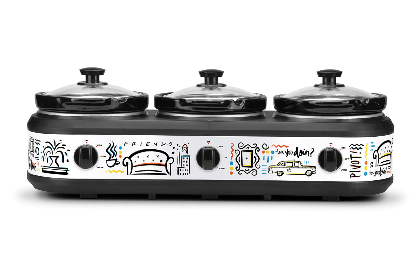 Friends Three 2.5 Qt Buffet Server by Select Brands - Triple Slow Cooker with Removable Stoneware Inserts - Independent Heat Controls - Lid Rests & Serving Spoons Included