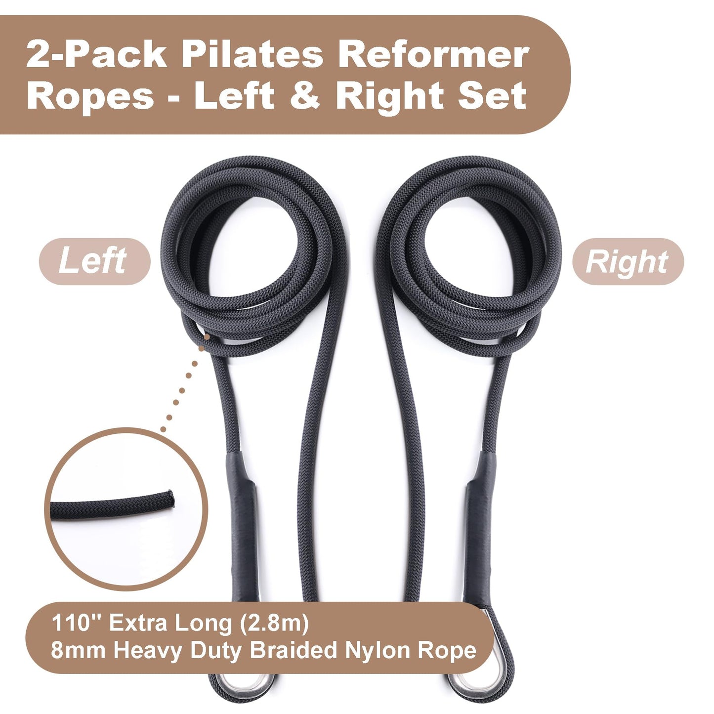 Lights Mountain Pilates Reformer Replacement Ropes (2 Pack), 110” Extra Long 8mm Nylon Rope with Metal Grommet, Heavy Duty Low-Noise Pulley Rope for Reformer, Tower & Cadillac-Style Equipment (without hook)
