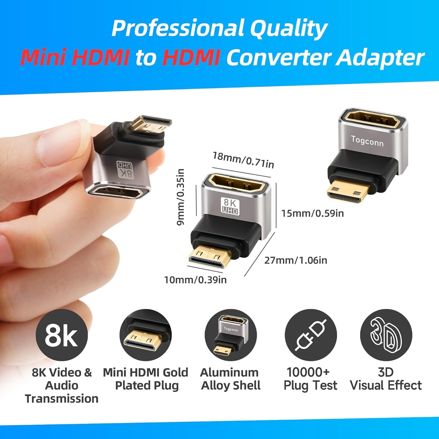 Togconn 90 2 Pack, 8K@60Hz,4K@120Hz Degree Mini HDMI to HDMI Adapter (Up and Down) Right Angle Mini HDMI (Male) to HDMI