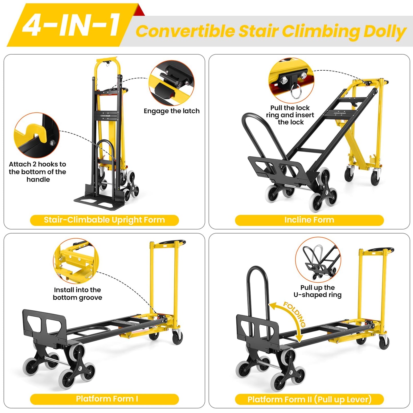 Heavy Duty Stair Climbing Hand Truck - 1000 LBS Capacity 4-in-1 Convertible Dolly Cart, Foldable Platform Utility Cart for Moving Boxes, Industrial Grade Steel Construction(Yellow)
