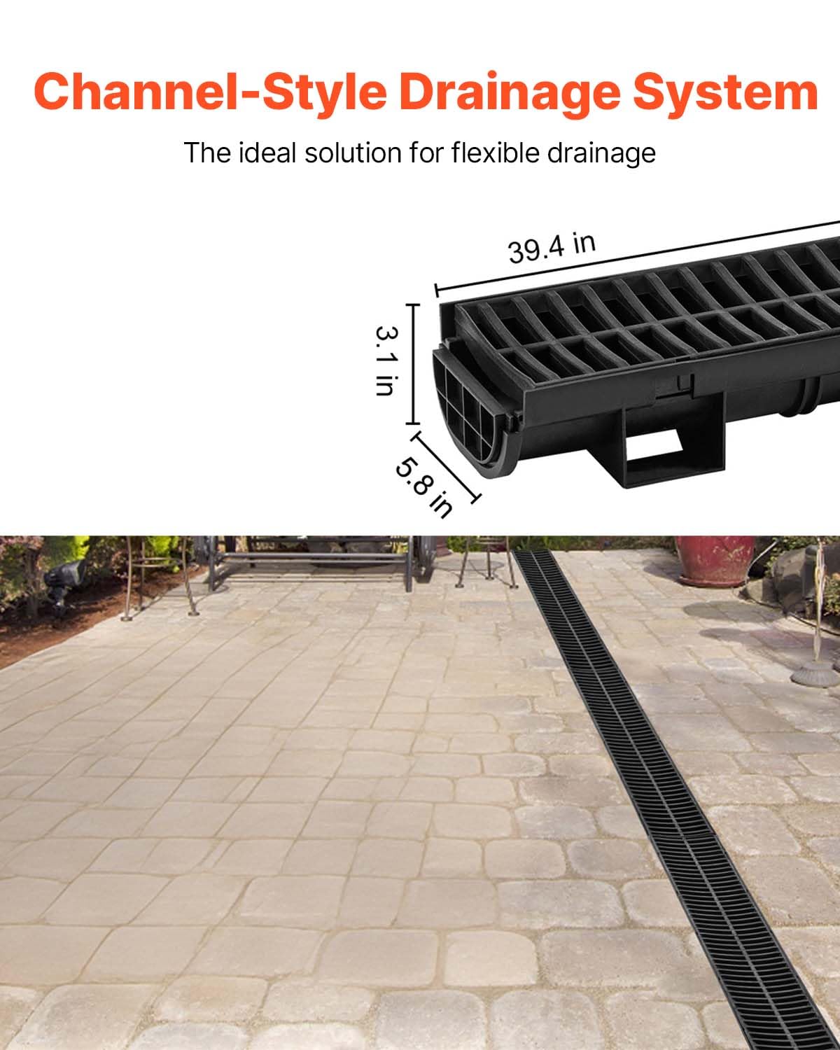 VEVOR Trench Drain System 6 Pack, Channel Drain with Plastic Grate 5.8 x 3.1 in HDPE Drainage Trench, Black Plastic Garage Floor Waterway 6 x 39 in with 6 End Caps for Garden Driveway