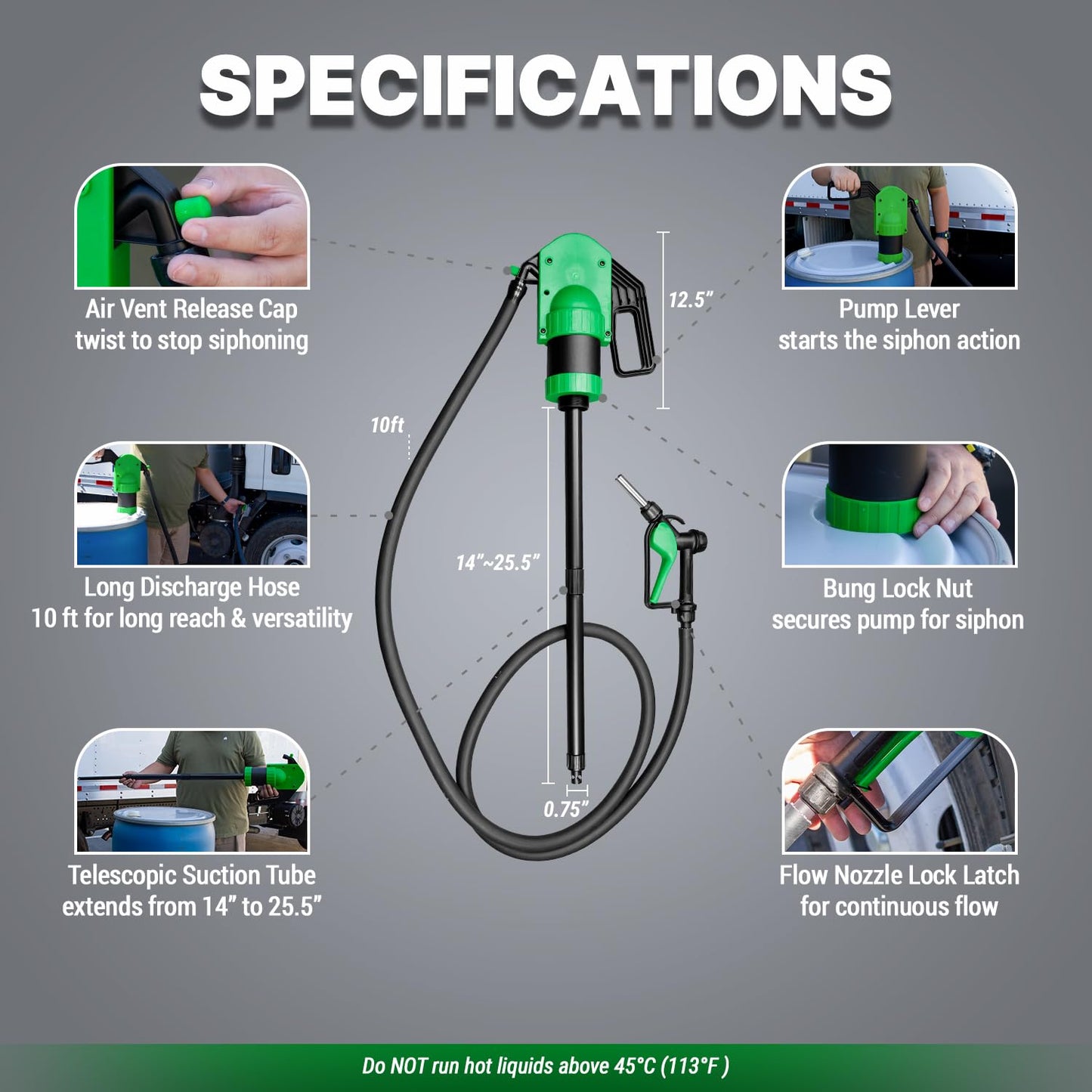 TERA PUMP Manual Lever Action Pump w/Gas Pump Style Nozzle for DEF, Antifreeze, Windshield Washer & Agricultural Chemicals, 15-55 Gallon Drum Barrel Pump w/ 10 ft Hose (8 oz per Stroke)
