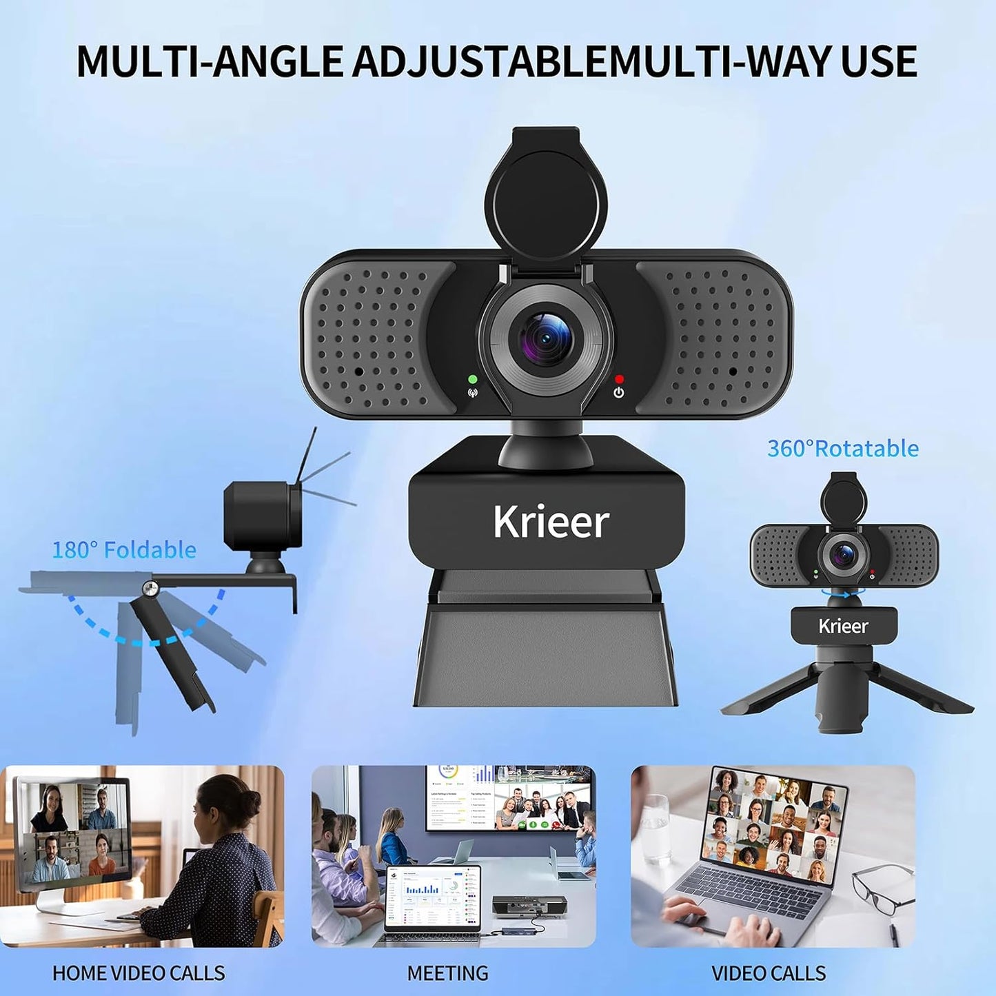 Krieer 1080P HD Webcam with Dual Mics Autofocus, Noise Cancellation, Wide-Angle, Auto Light Correction, Privacy Cover