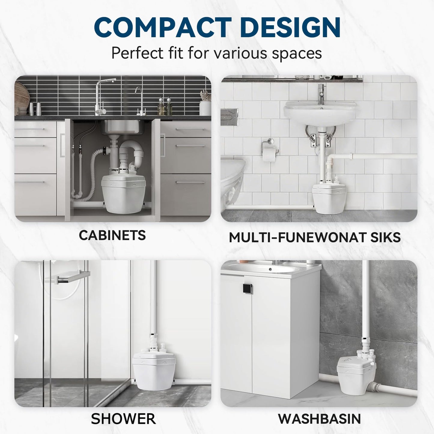 Upgraded 1 HP Utility Sink Pump with PCB Function Upflush to 36FT 2200GPH Under Sink Pump with 3 Water Inlets 1 Outlets Macerating Toilet System for Sink Shower Wash Bin Urinal Kitchen Basement