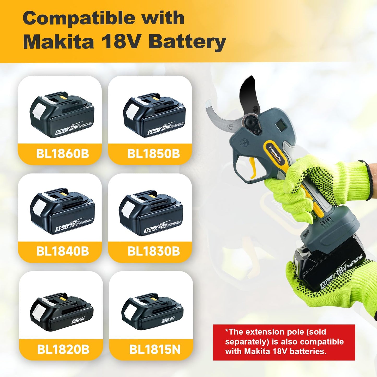 Prunarbo 2-in-1 Pole Pruning Shears Cordless, 50mm 2" Cutting Diameter Electric Secateurs & 9.2ft Reach Telescopic Rod Compatible with Makita 18V Battery Powered Pruner Professional for Tree Trimming