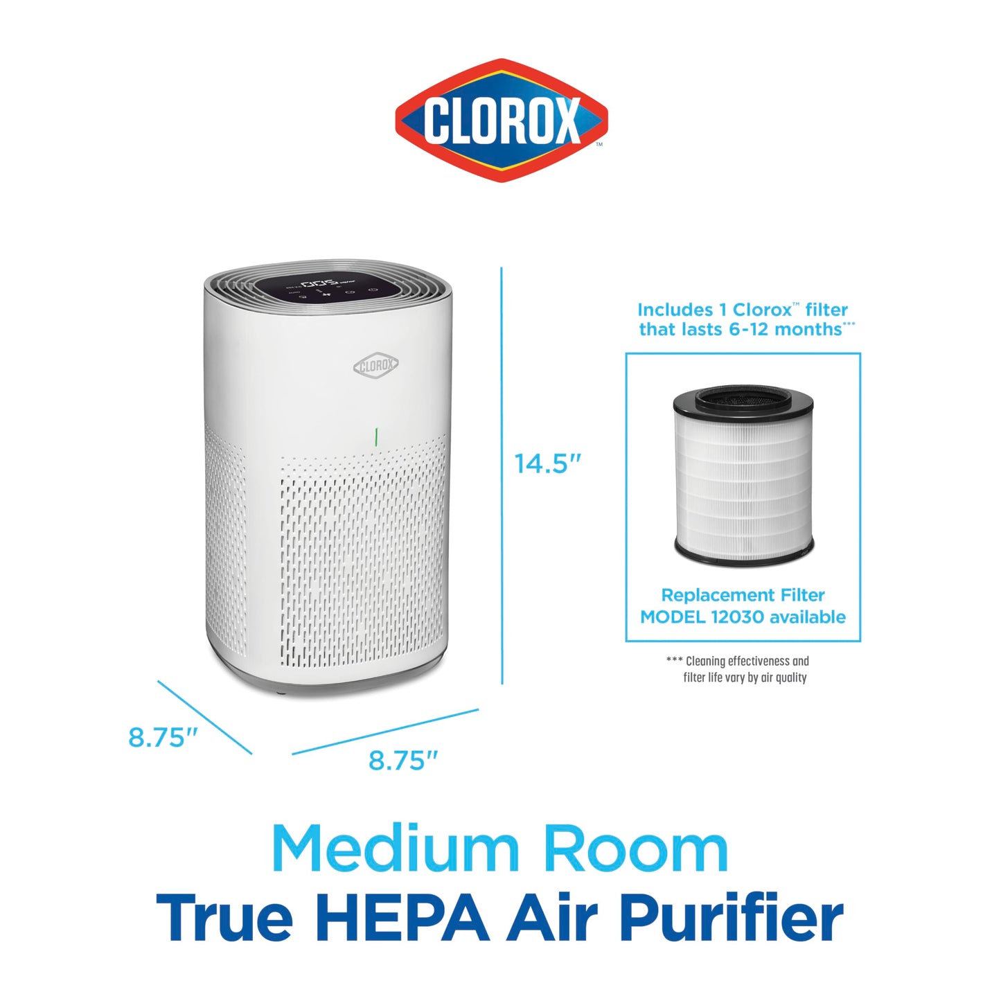 Clorox HEPA Air Purifiers for Home, True HEPA Filter, Medium Rooms Up to 1,000 Sq Ft, Removes 99.9% of Mold, Viruses, Wildfire Smoke, Allergens, Pet Allergies, Dust, AUTO Mode, Whisper Quiet