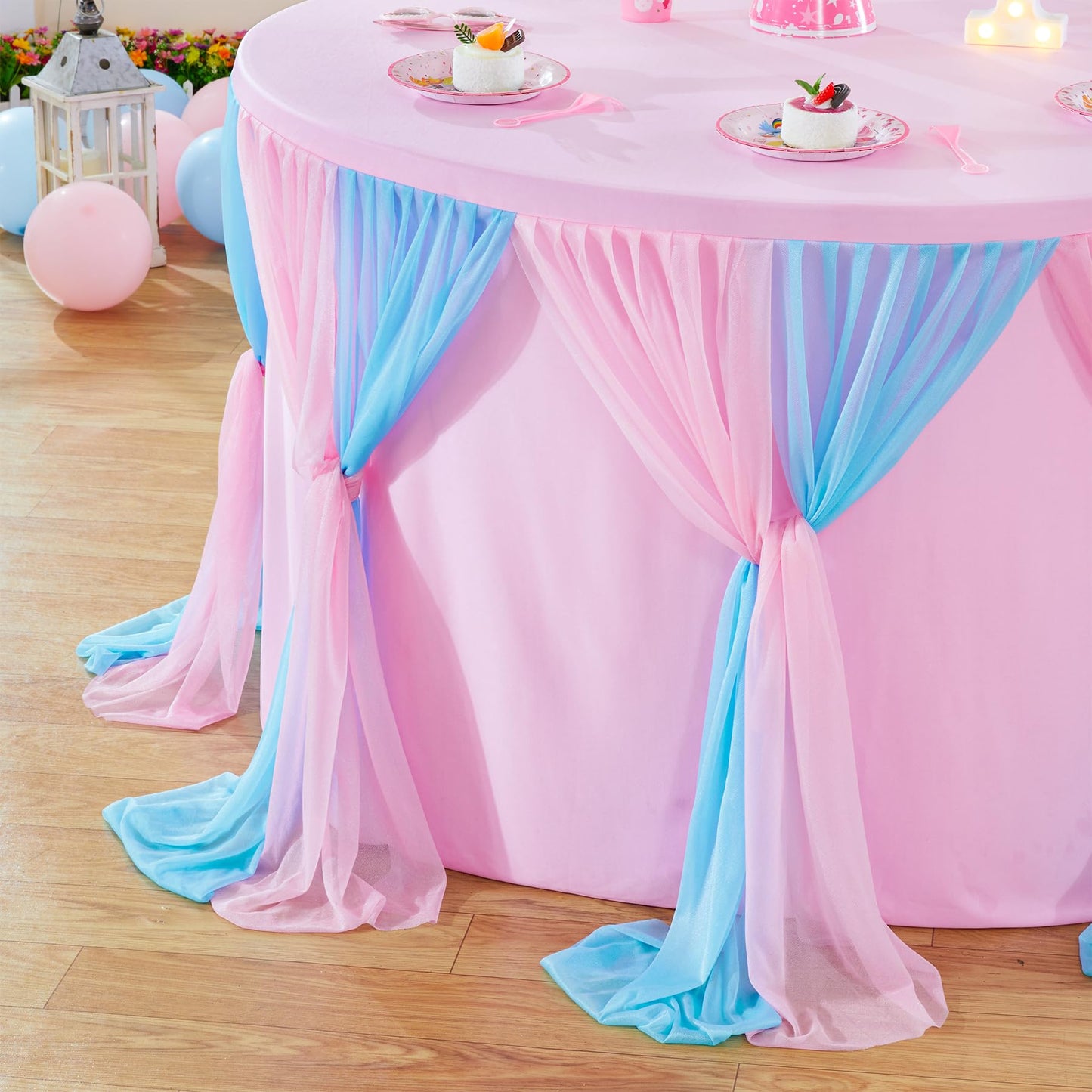 Besutolife Blue Pink Tablecloth for Round Tables 6ft Tulle Table Skirt for Baby Shower Birthday Party Dining Table Buffet Parties Camping