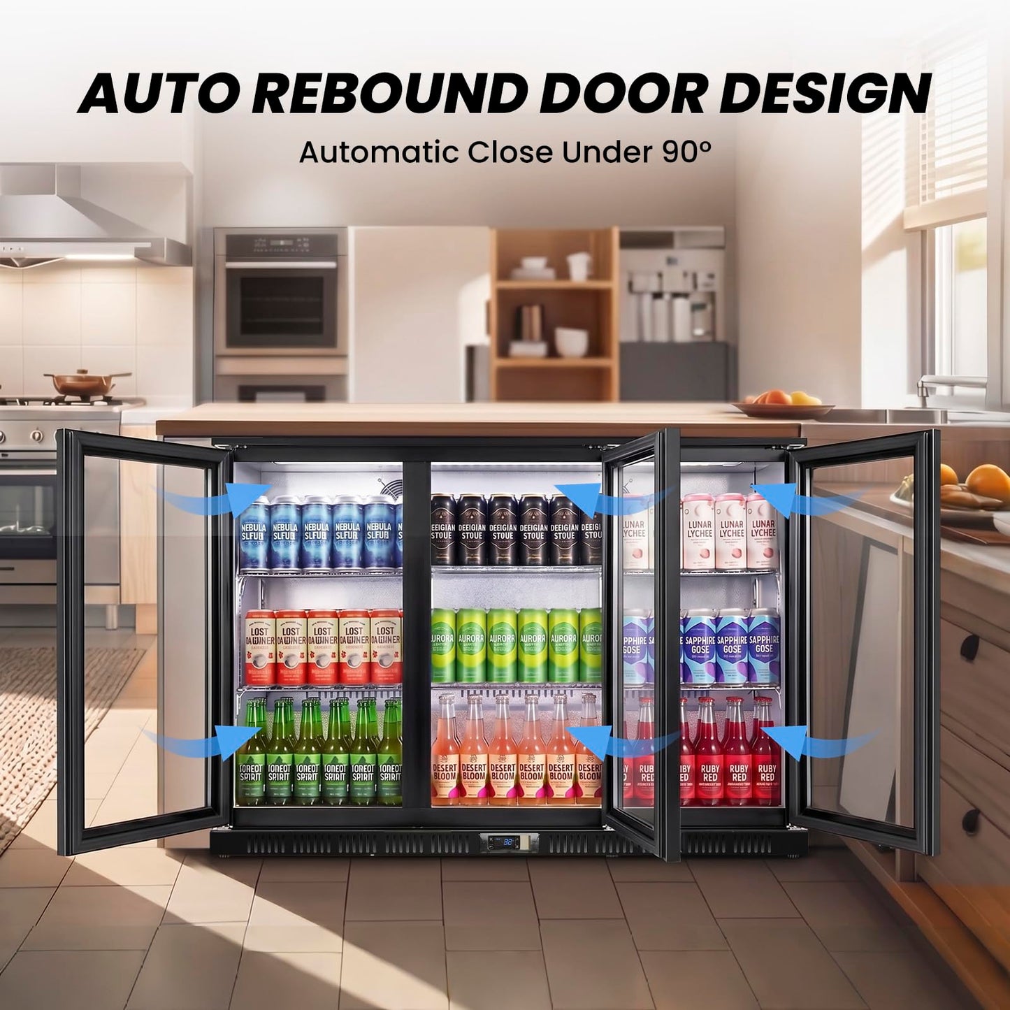 53.15" W Commercial Under Counter Beverage Refrigerator, 3 Glass Door Back Bar Cooler, Built-in/Freestanding 12Cuft Drink Fridge with LED Light, Auto Defrost, Low-E Glass & Safety Lock, Rebound door