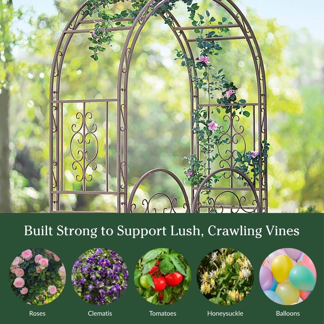 Plow & Hearth Arch Metal Outdoor Garden Arbor Double Gate | Montebello | 7 Feet Tall | Gunmetal Black | Steel Iron Trellis Lattice Climbing Plants & Heavy Vines