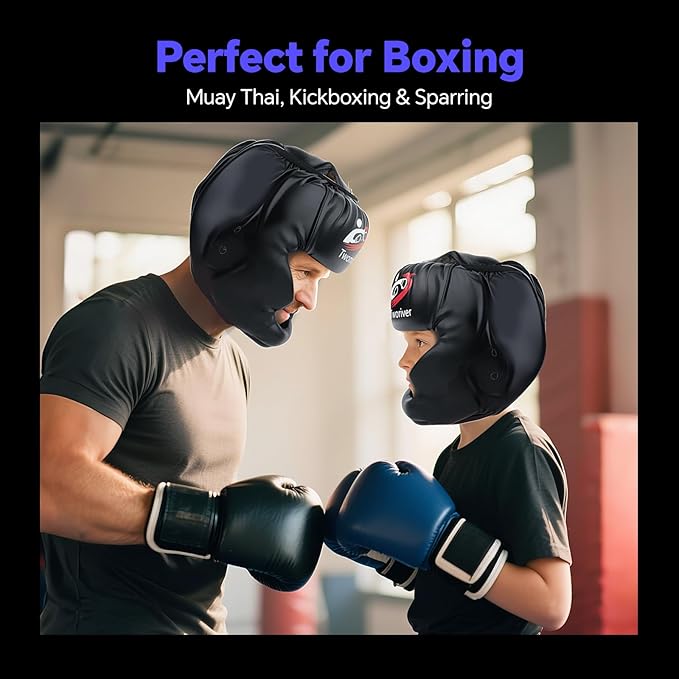 Boxing Headgear 1 or 2 Pack, One Size Fits All Ages MMA Headgear, Closed Type Boxing Helmet, Sparring MMA Muay Thai Kick Brace (Black-Black)