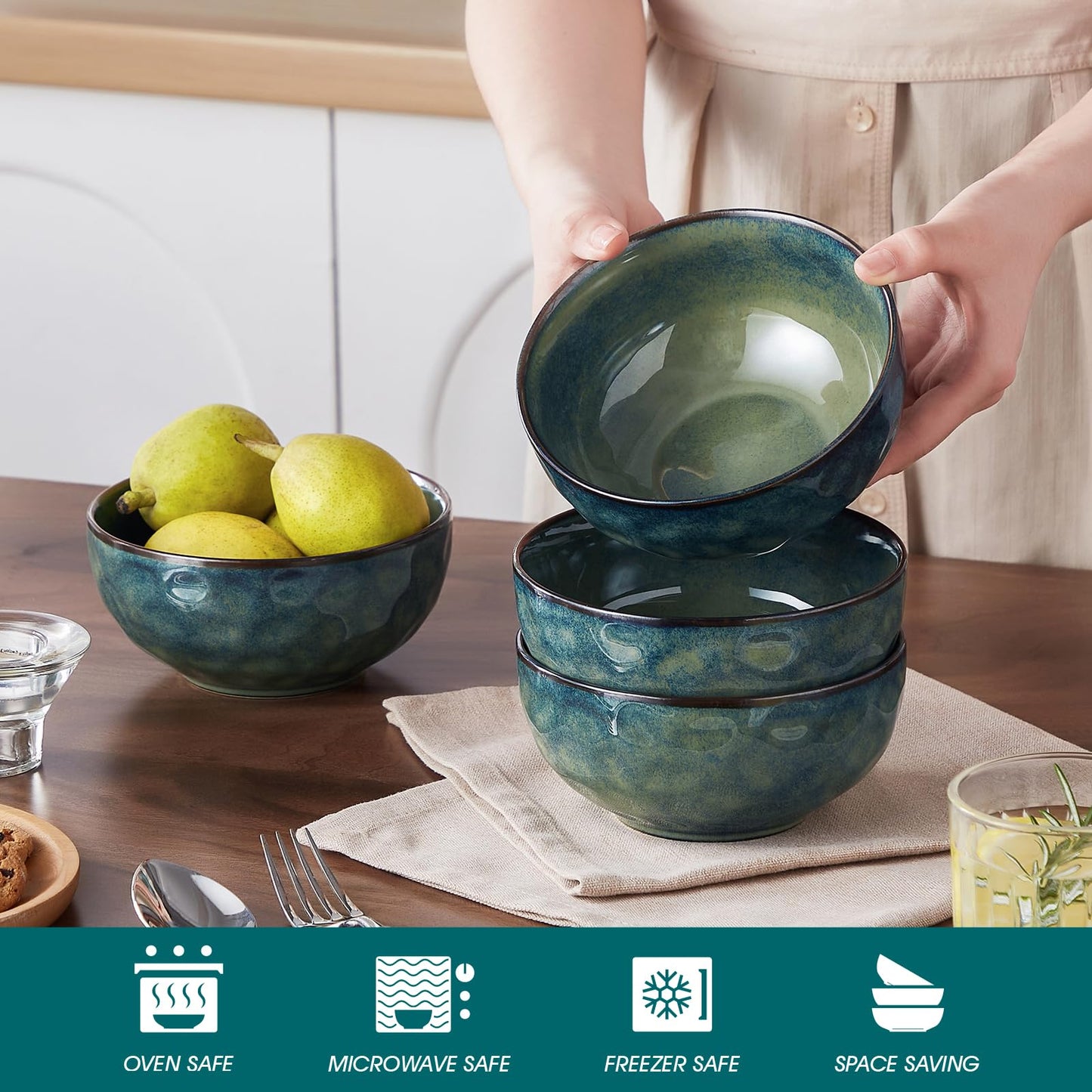vancasso Starry 24oz Bowls for Soup, Ceramic Deep Soup Bowls Set of 4, Green Cereal Bowls Set for Kitchen, Salad Bowls Set, Pasta Oatmeal Bowls, Lead-free, Dishwasher & Microwave Oven Safe