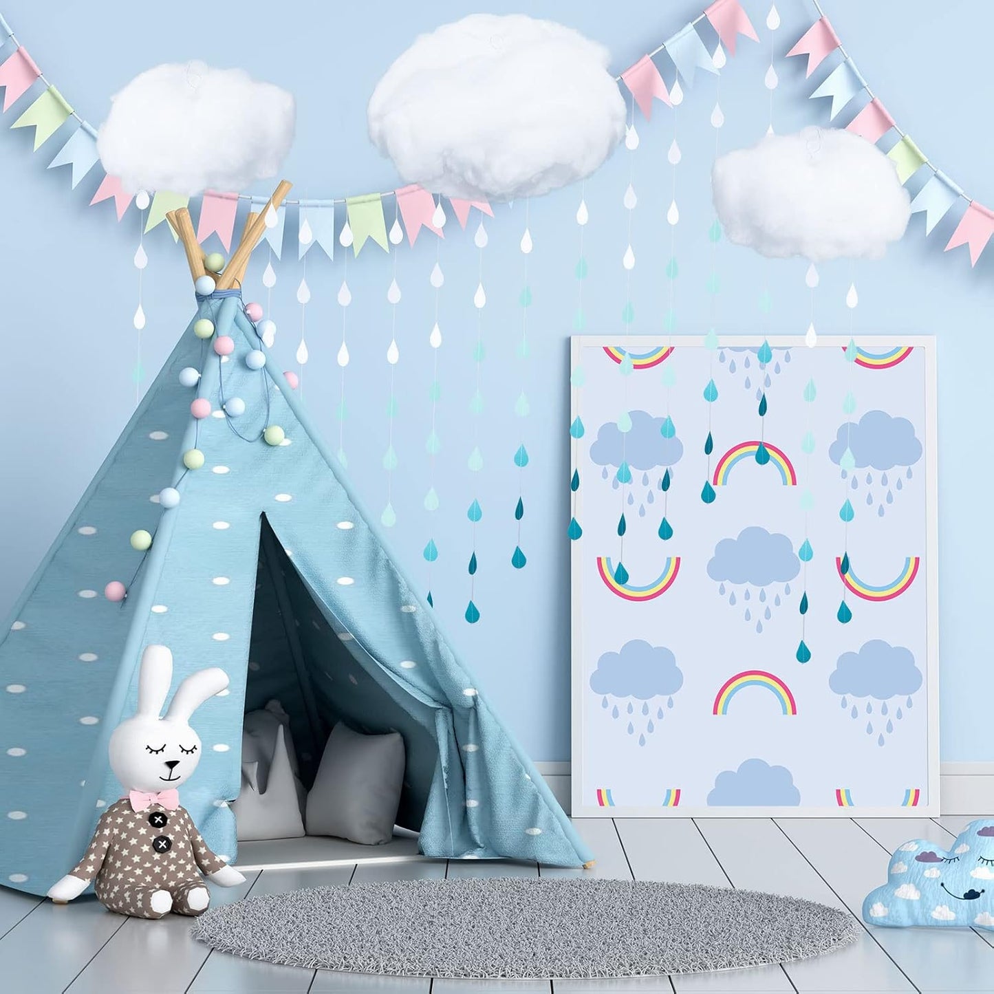Skiennix 15 Pcs Artificial Cloud Props - 3D Raindrop Garland Set for Baby Shower & Party Decor