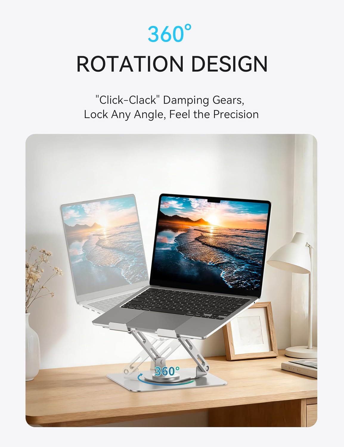 SOUNDANCE 360 Rotating Laptop Stand, Ergonomic Computer Riser for Desk, Adjustable Height Multi-Angle Metal Holder