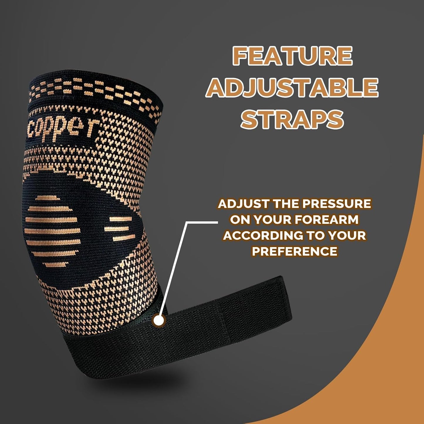 Copper Elbow Sleeve,Elbow Compression Sleeve, Elbow Brace For Tendonitis and Tennis Elbow,Golfers, Arthritis, Bursitis. Elbow Pain Relief,Weightlifting, Fit for Men & Women (Medium, Strap Style)