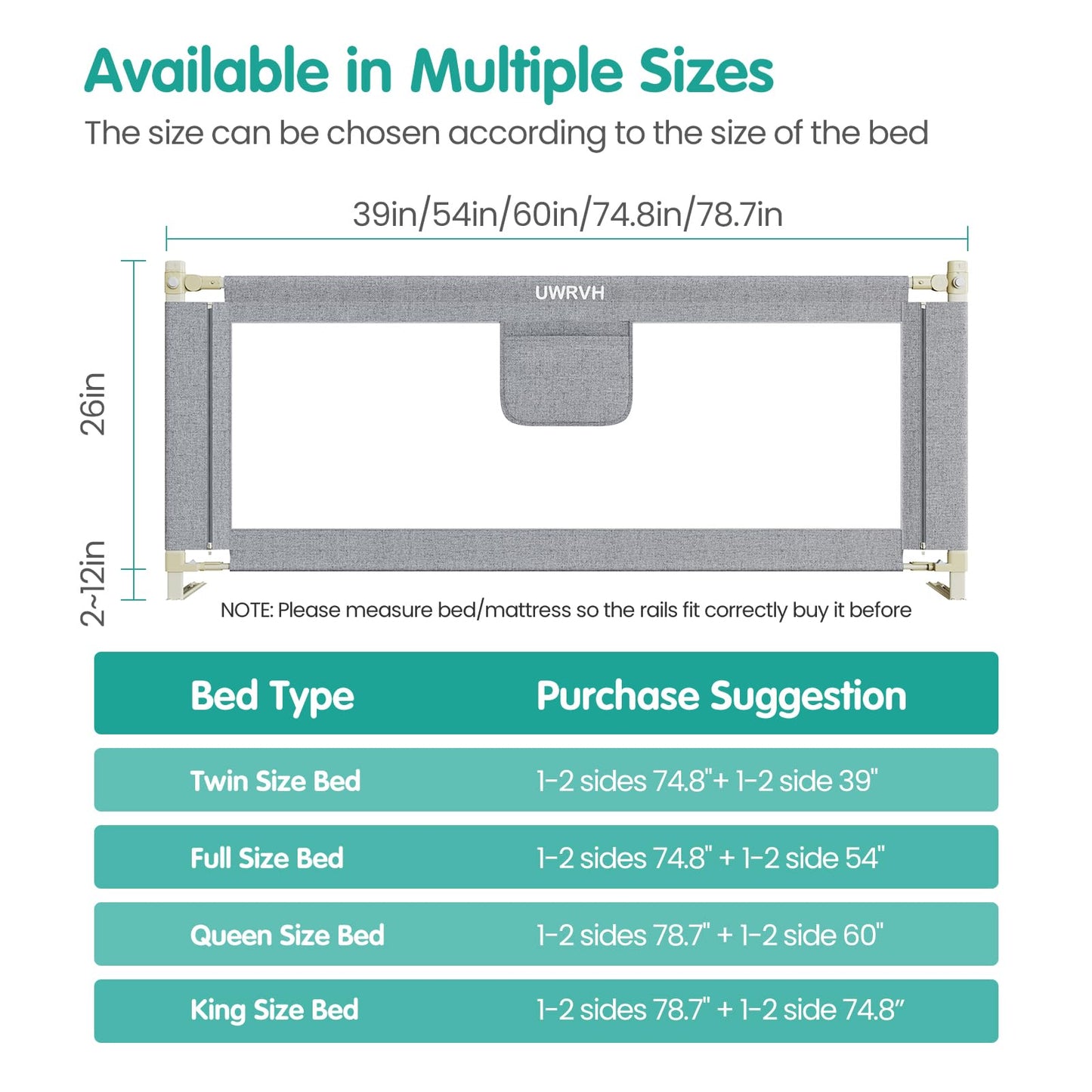 UWRVH Bed Rails for Toddlers，Toddler Bed Rails，Bed Rail for Baby - Adjustable Height Bed Guard with Child Safety Lock, Universal Fit for King/Full/Twin Beds (Grey, 1 Side 74.8Inch)